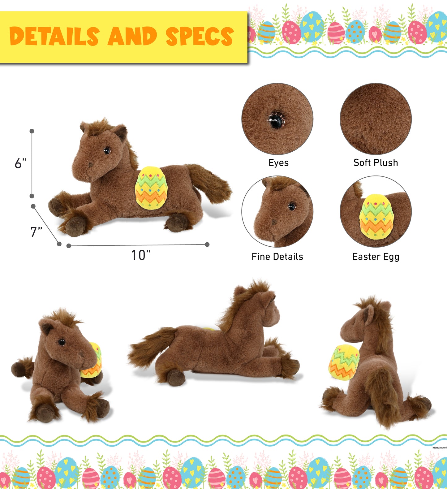 DolliBu Cute Fancy Laying Brown Horse with Yellow Easter Egg Plush - 10 Inches