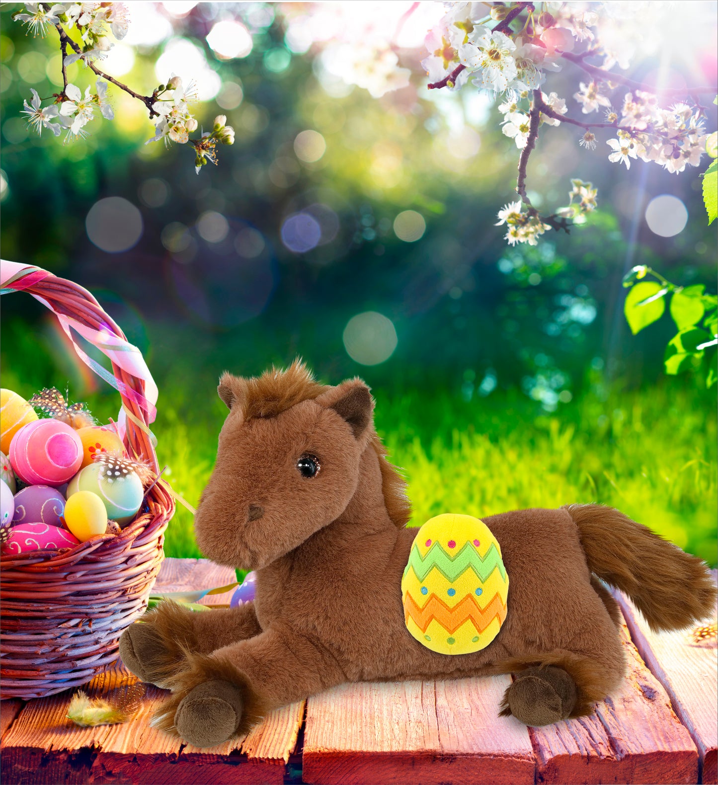DolliBu Cute Fancy Laying Brown Horse with Yellow Easter Egg Plush - 10 Inches