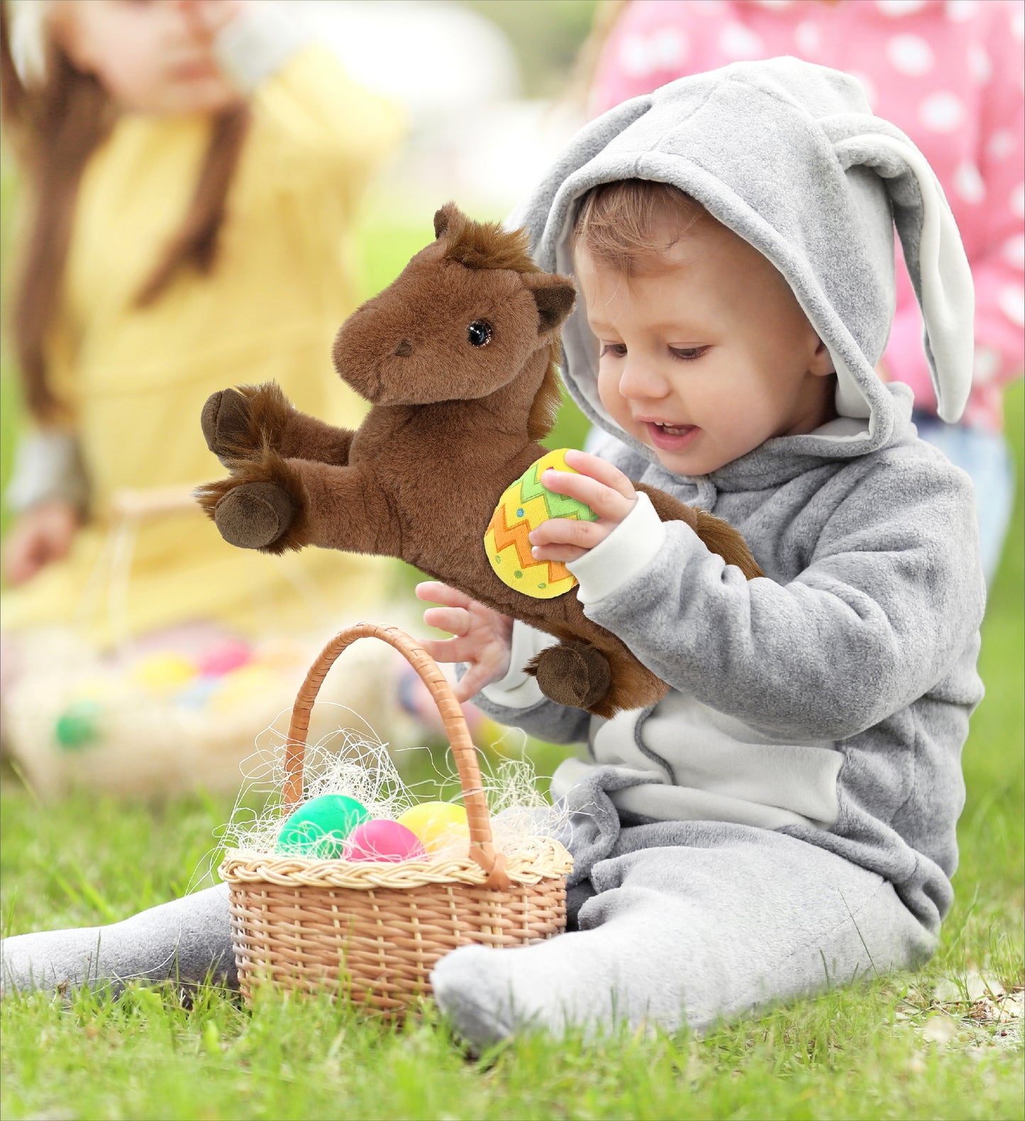 DolliBu Cute Fancy Laying Brown Horse with Yellow Easter Egg Plush - 10 Inches