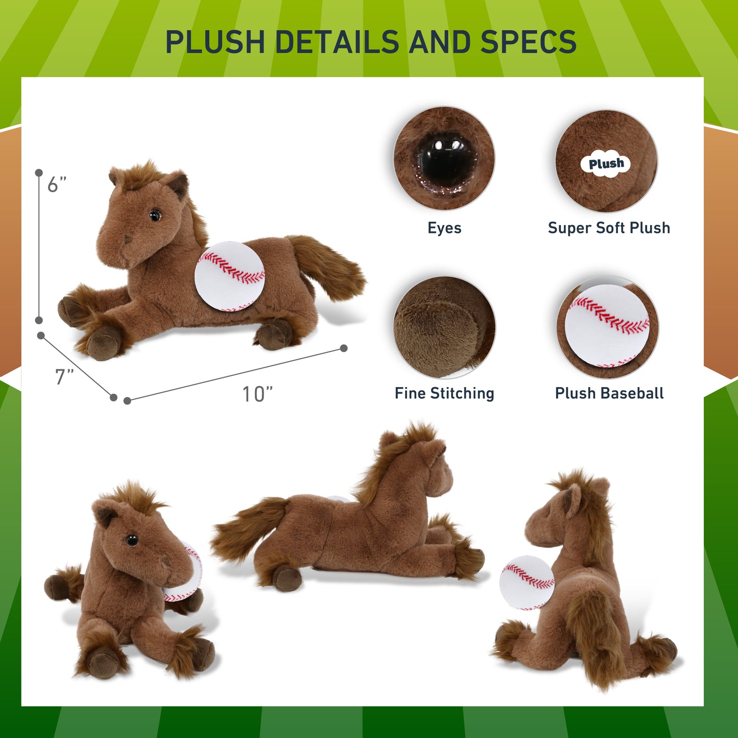 SUPER-SOFT PLUSH - FANCY LAYING BROWN HORSE 10" WITH BASEBALL PLUSH