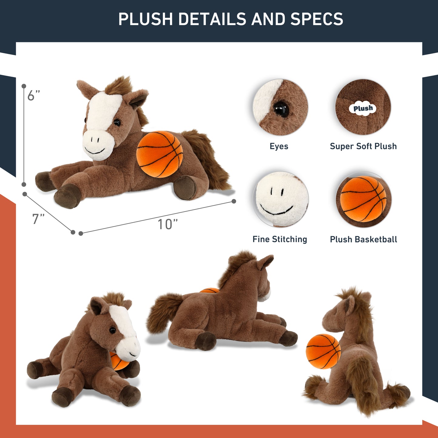 SUPER-SOFT PLUSH - FANCY LAYING BROWN HORSE 10" WITH BASKETBALL PLUSH