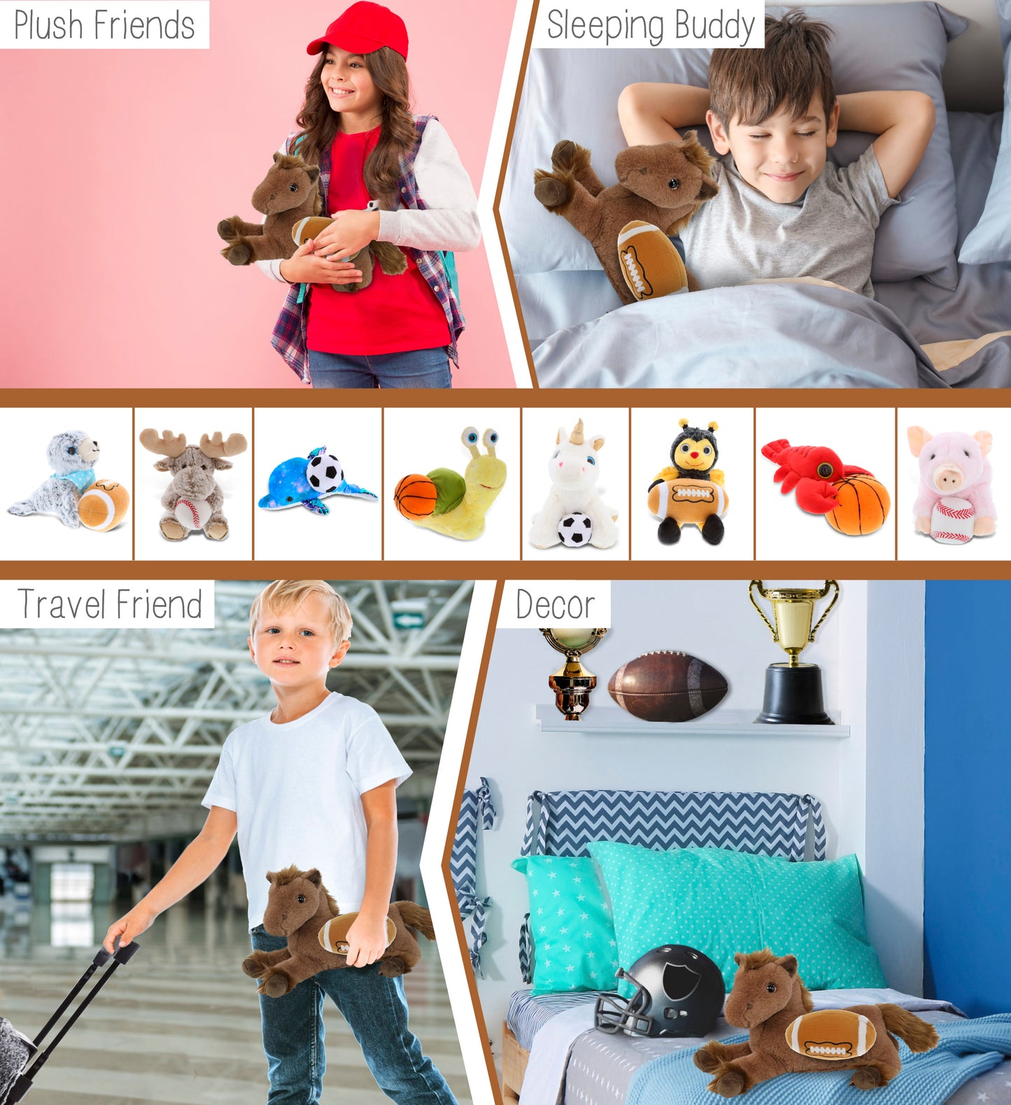 SUPER-SOFT PLUSH - FANCY LAYING BROWN HORSE 10" WITH FOOTBALL PLUSH