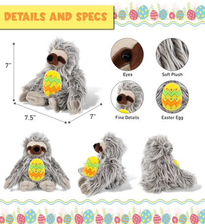 DolliBu Super Soft Cute Grey Sloth with Yellow Easter Egg Plush - 7 Inches