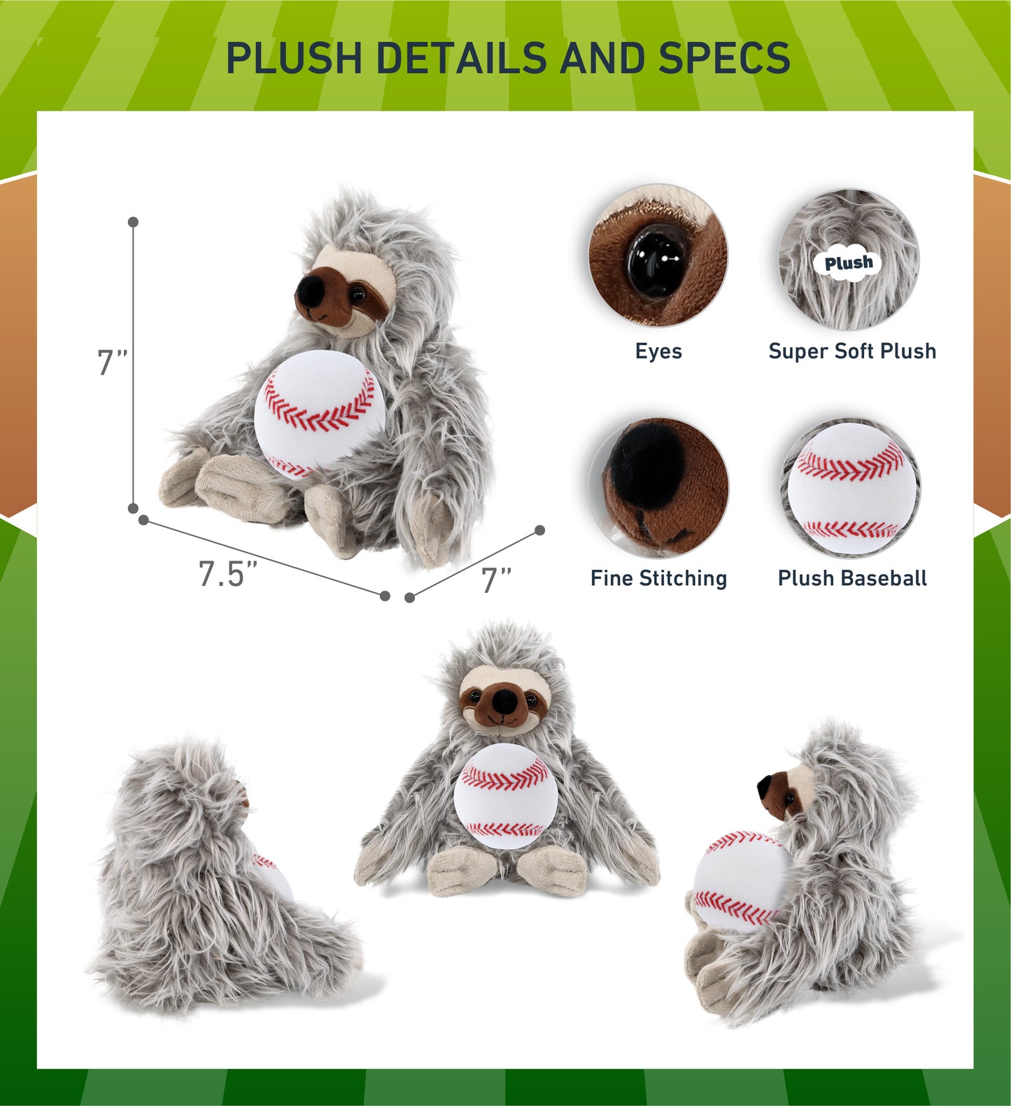 SUPER-SOFT PLUSH - GREY SLOTH 7" WITH BASEBALL PLUSH