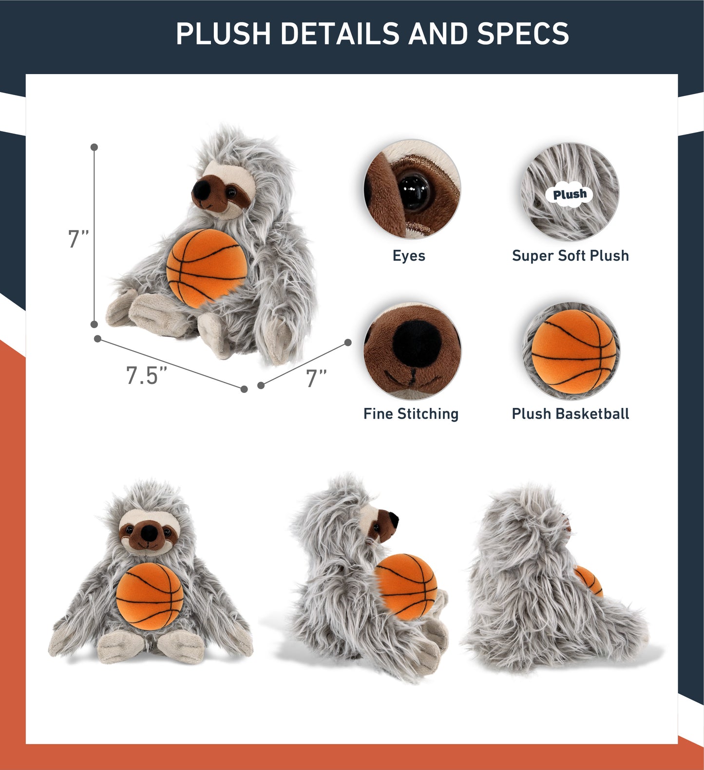 SUPER-SOFT PLUSH - GREY SLOTH 7" WITH BASKETBALL PLUSH