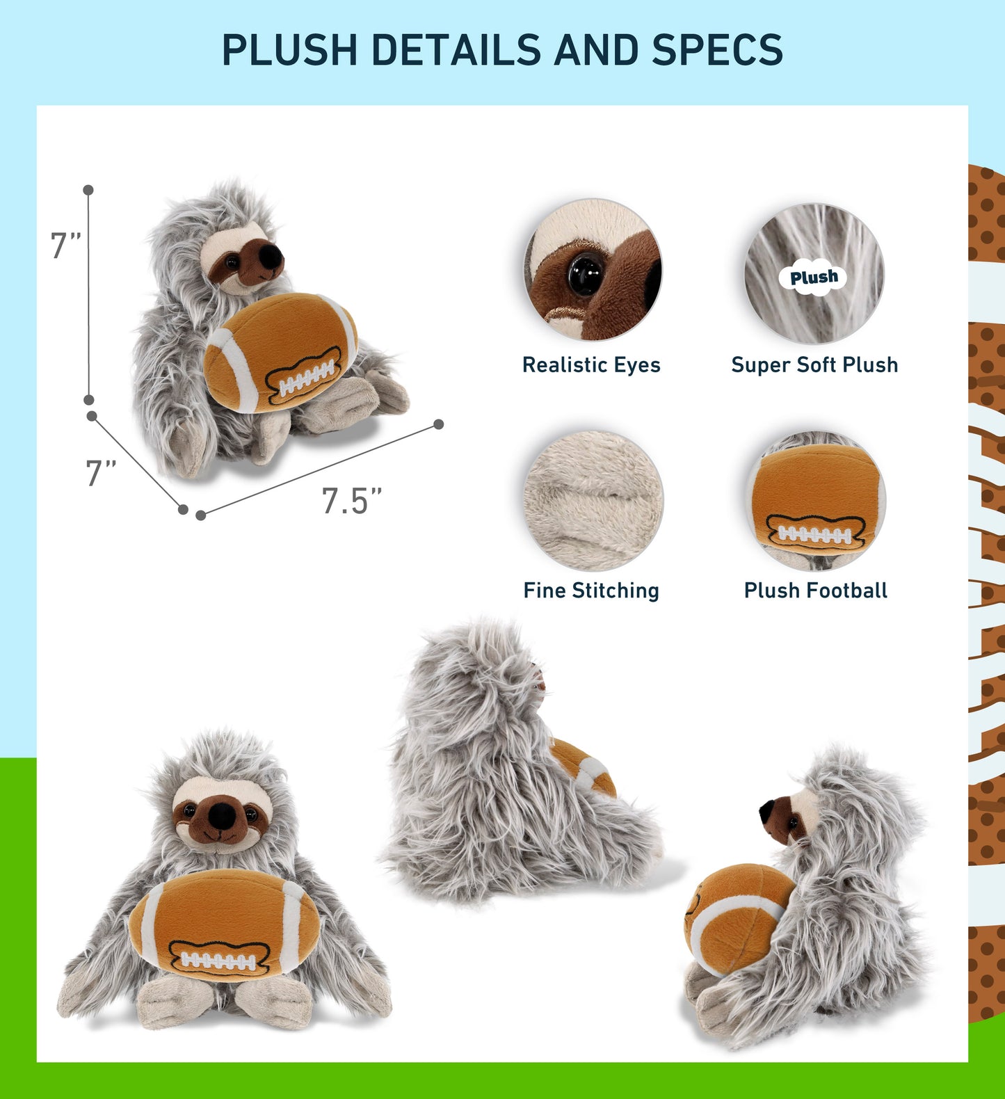 SUPER-SOFT PLUSH - GREY SLOTH 7" WITH FOOTBALL PLUSH