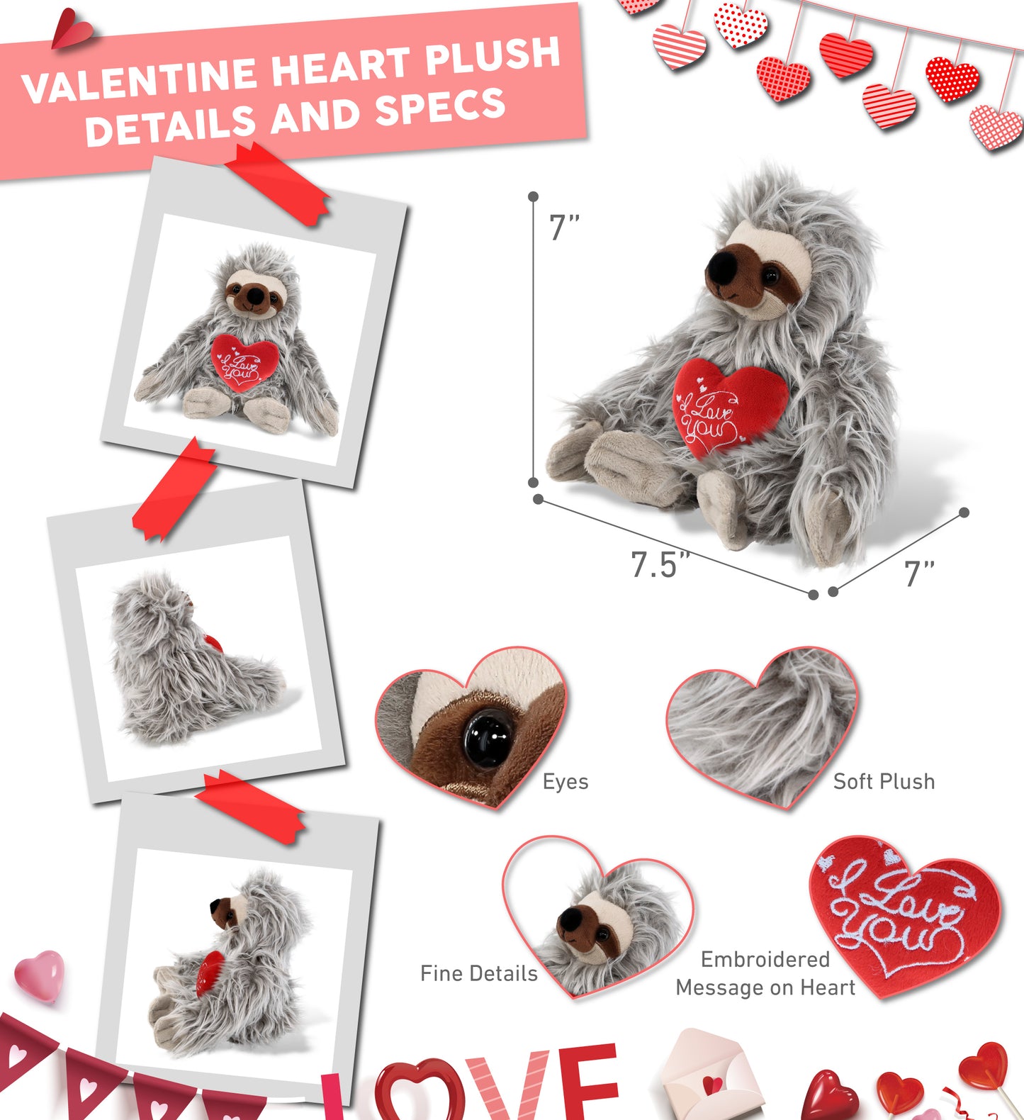 PLUSH I LOVE YOU RED HEART - SUPER-SOFT PLUSH - GREY SLOTH 7"