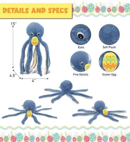 DolliBu Super Soft Cute Blue Octopus with Yellow Easter Egg Plush - 15 Inches