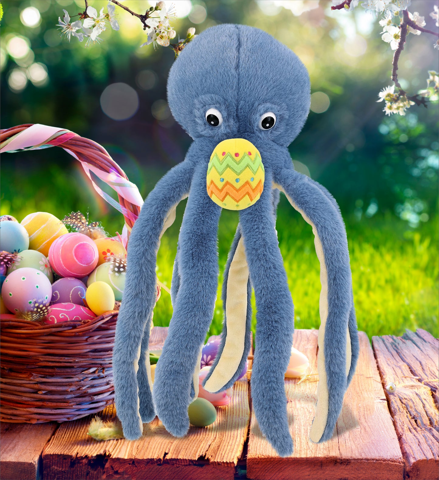 DolliBu Super Soft Cute Blue Octopus with Yellow Easter Egg Plush - 15 Inches