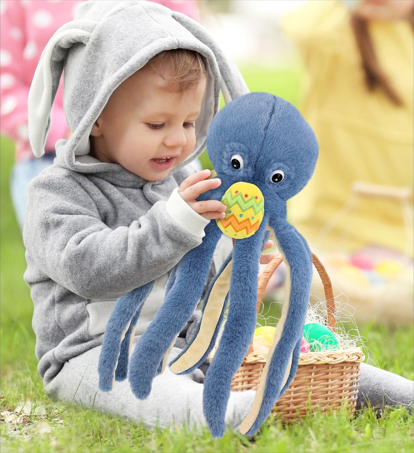 DolliBu Super Soft Cute Blue Octopus with Yellow Easter Egg Plush - 15 Inches