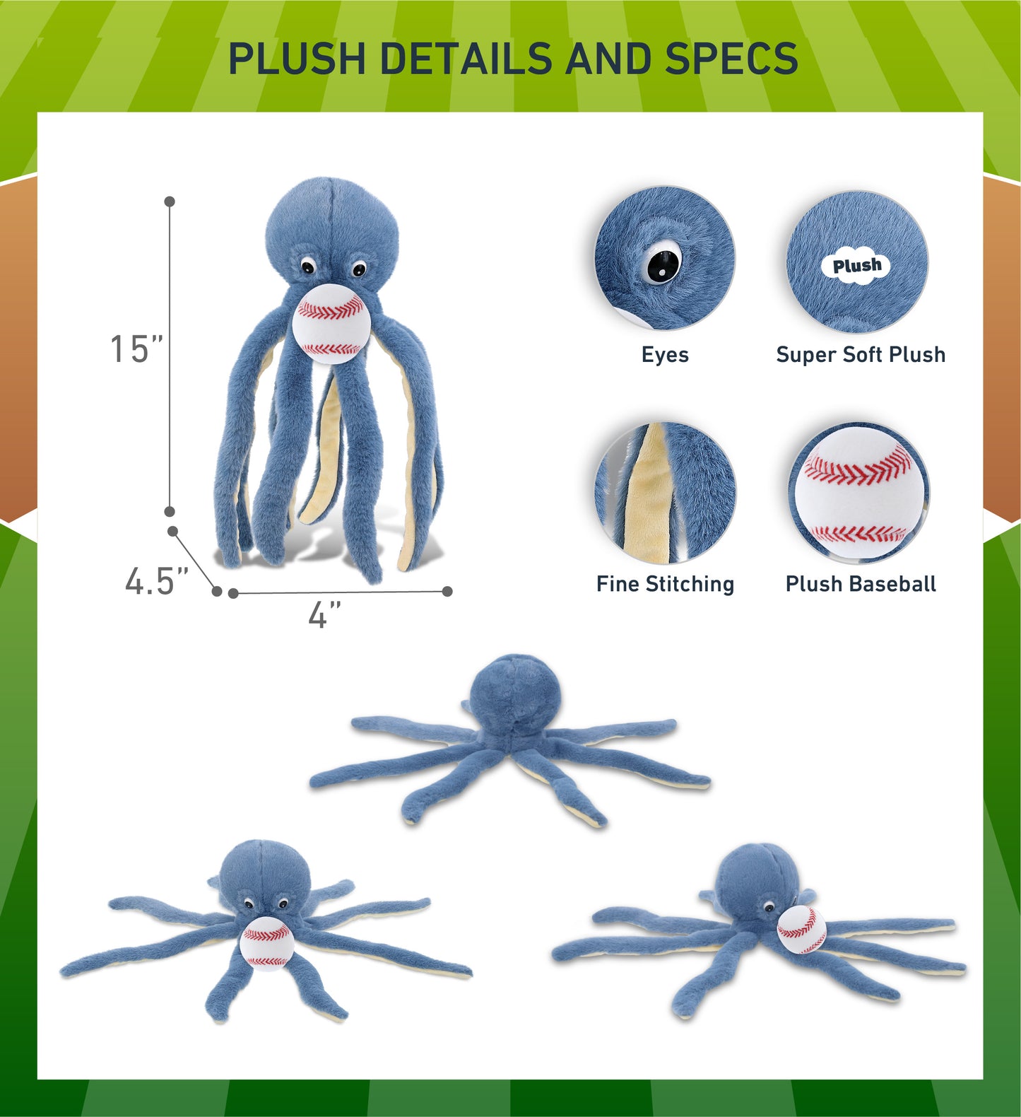 SUPER-SOFT PLUSH - BLUE OCTOPUS 15" WITH BASEBALL PLUSH