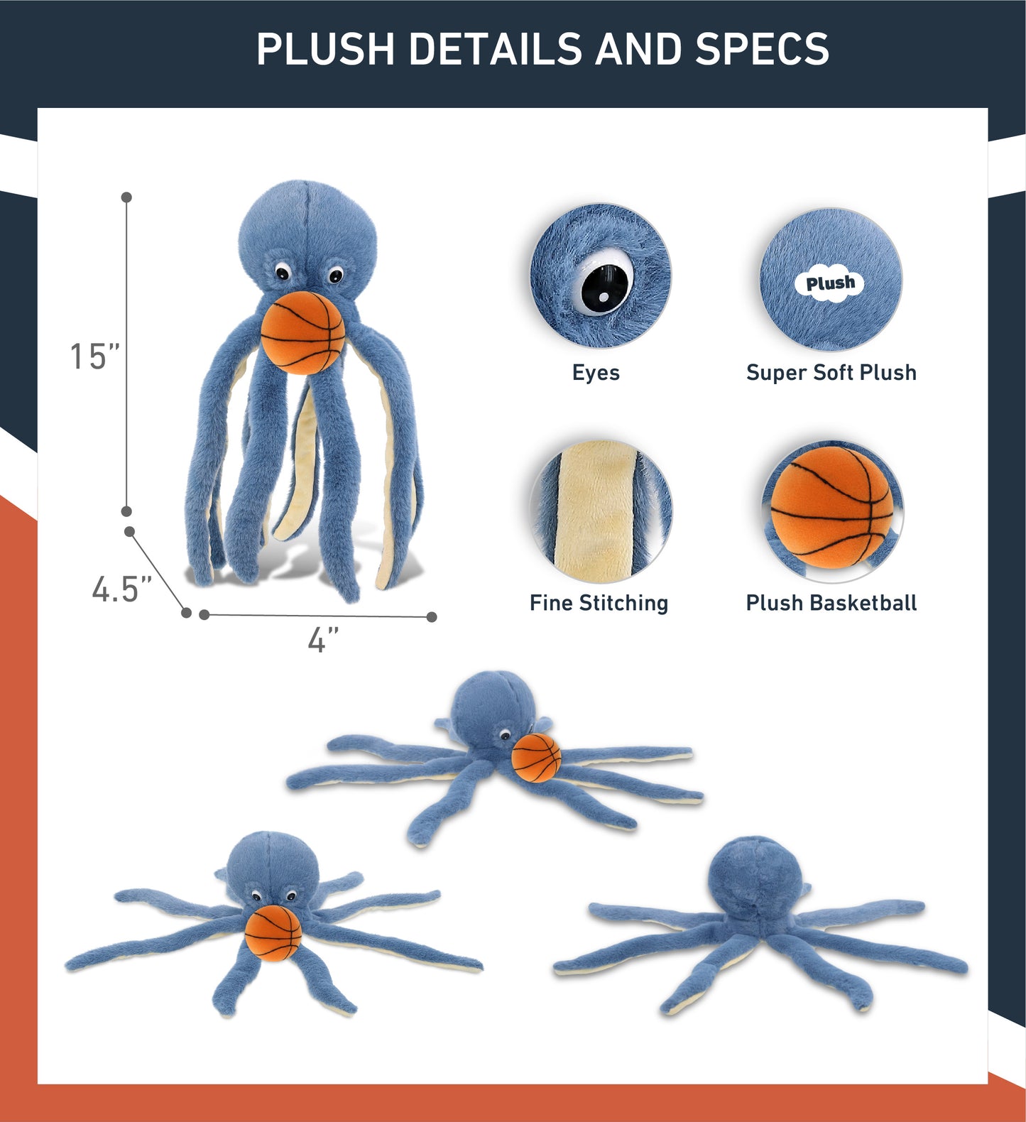 SUPER-SOFT PLUSH - BLUE OCTOPUS 15" WITH BASKETBALL PLUSH