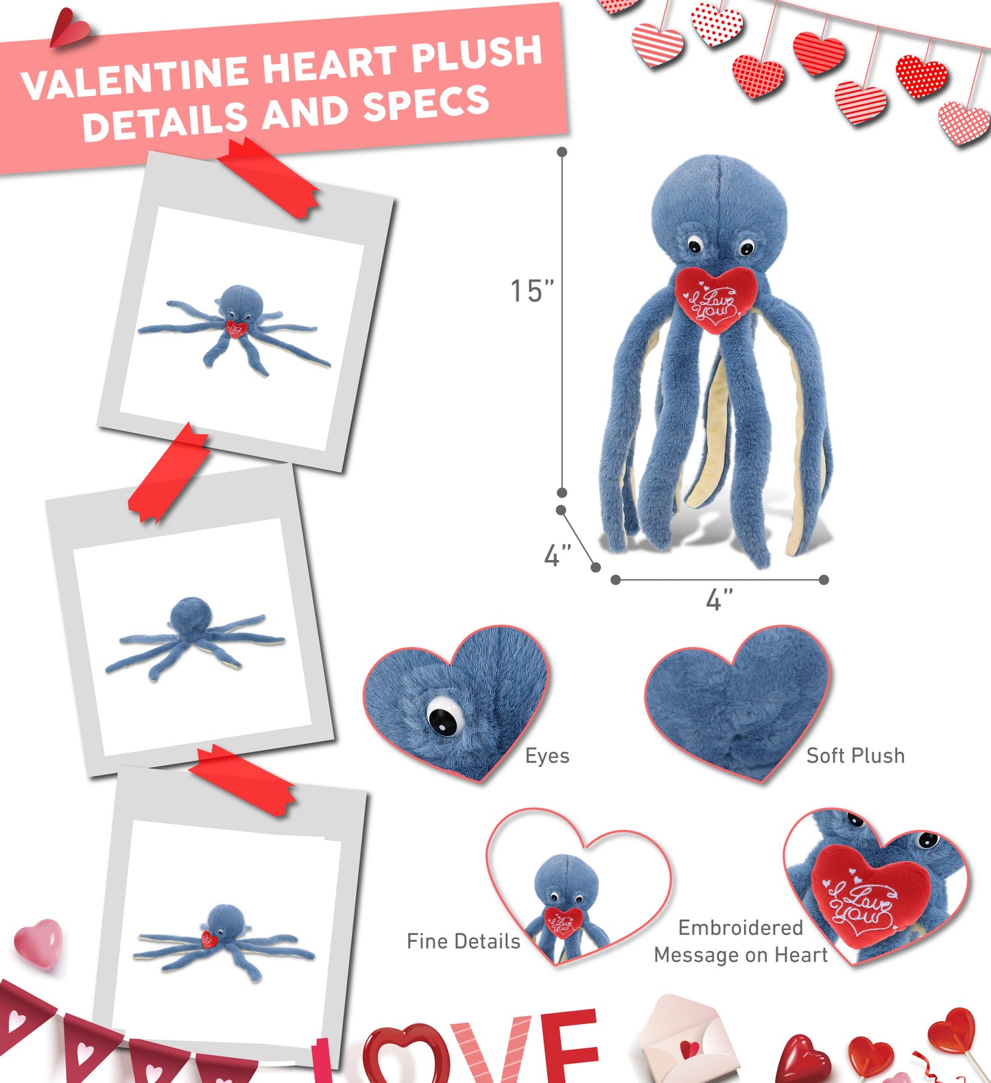 PLUSH I LOVE YOU RED HEART - SUPER-SOFT PLUSH - BLUE OCTOPUS 15"