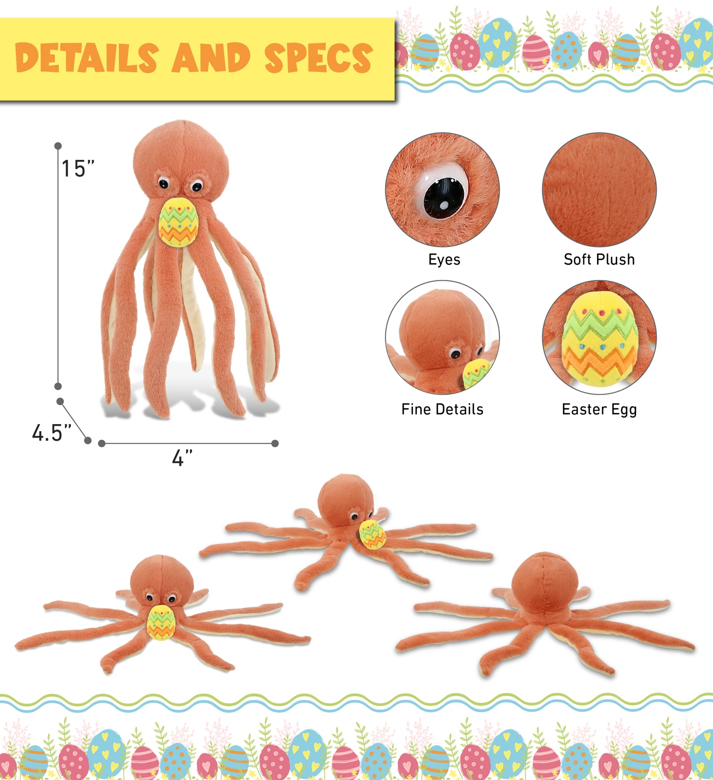 DolliBu Super Soft Orange Octopus with Yellow Easter Egg Plush - 15 Inches