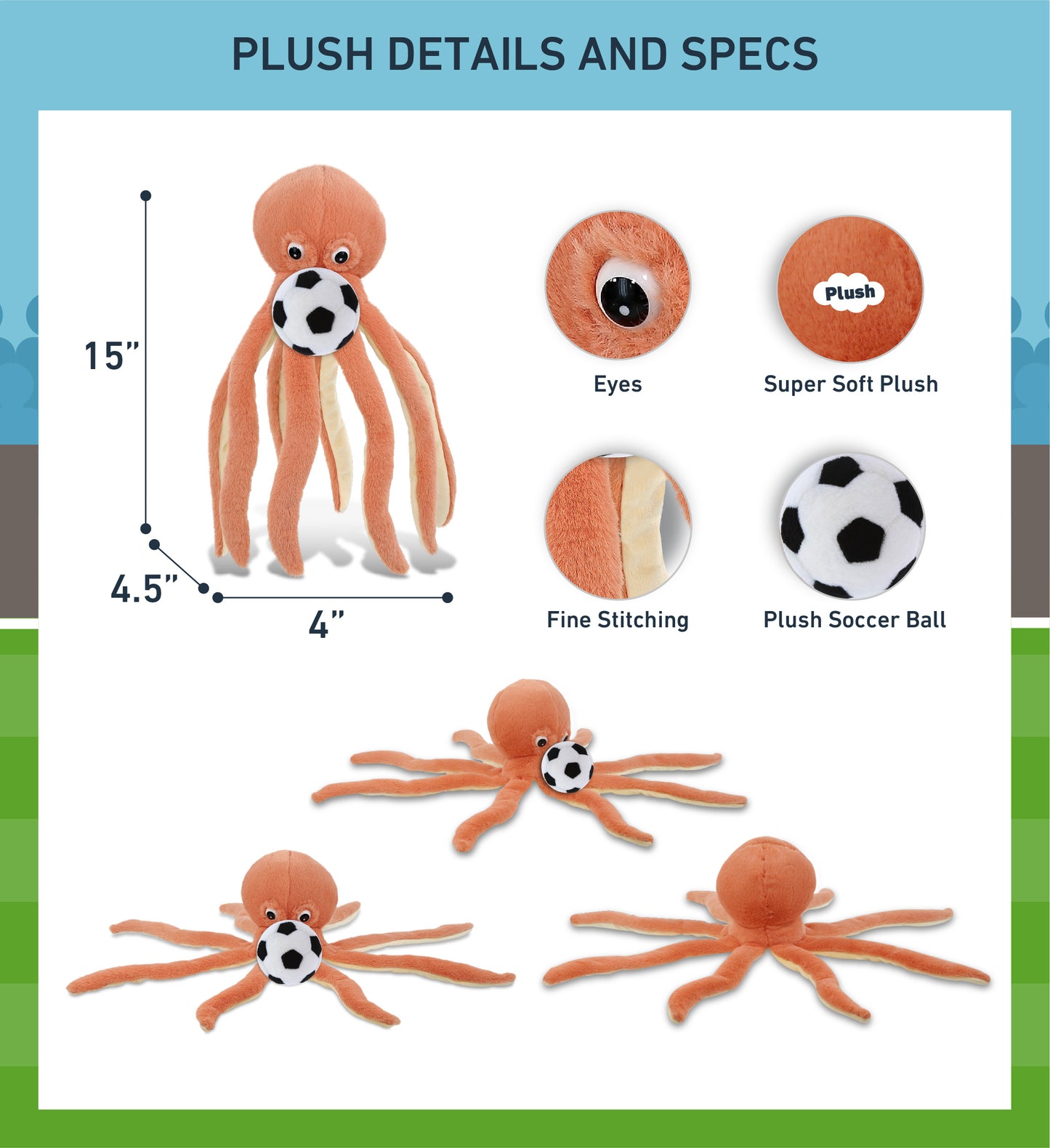 SUPER-SOFT PLUSH - ORANGE OCTOPUS 15" WITH SOCCER PLUSH