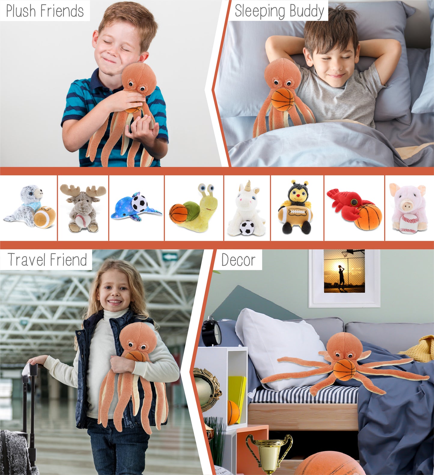 SUPER-SOFT PLUSH - ORANGE OCTOPUS 15" WITH BASKETBALL PLUSH