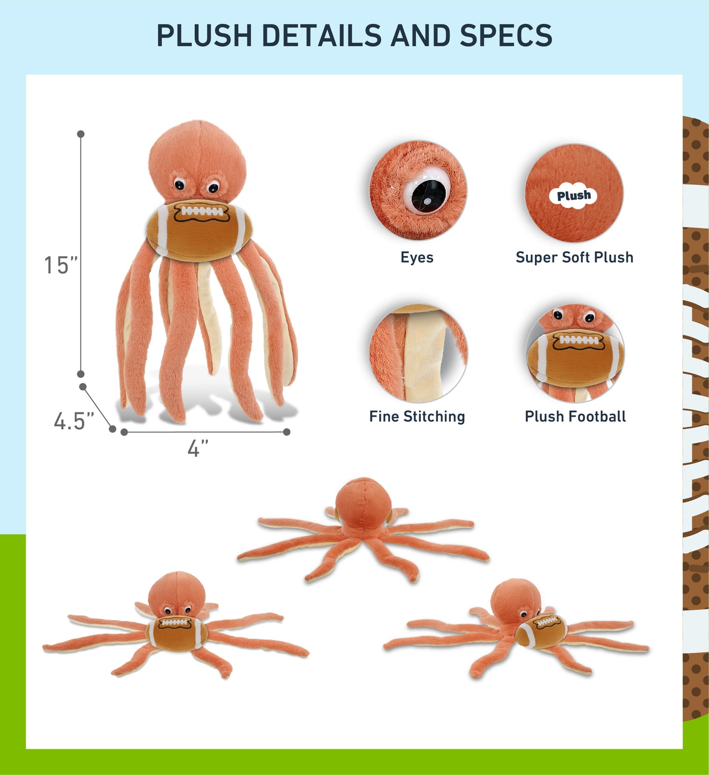 SUPER-SOFT PLUSH - ORANGE OCTOPUS 15" WITH FOOTBALL PLUSH