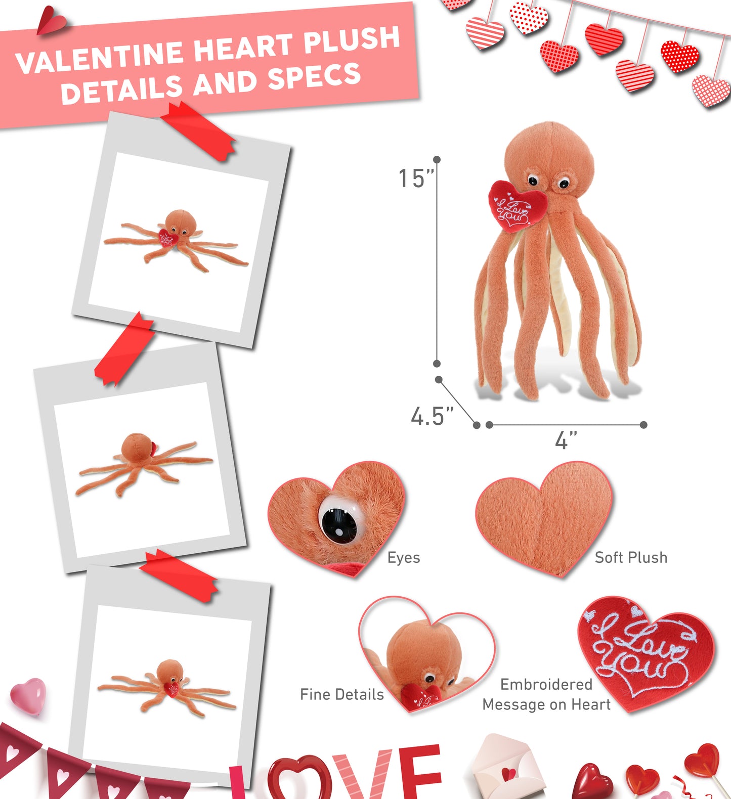 PLUSH I LOVE YOU RED HEART - SUPER-SOFT PLUSH - ORANGE OCTOPUS 15"
