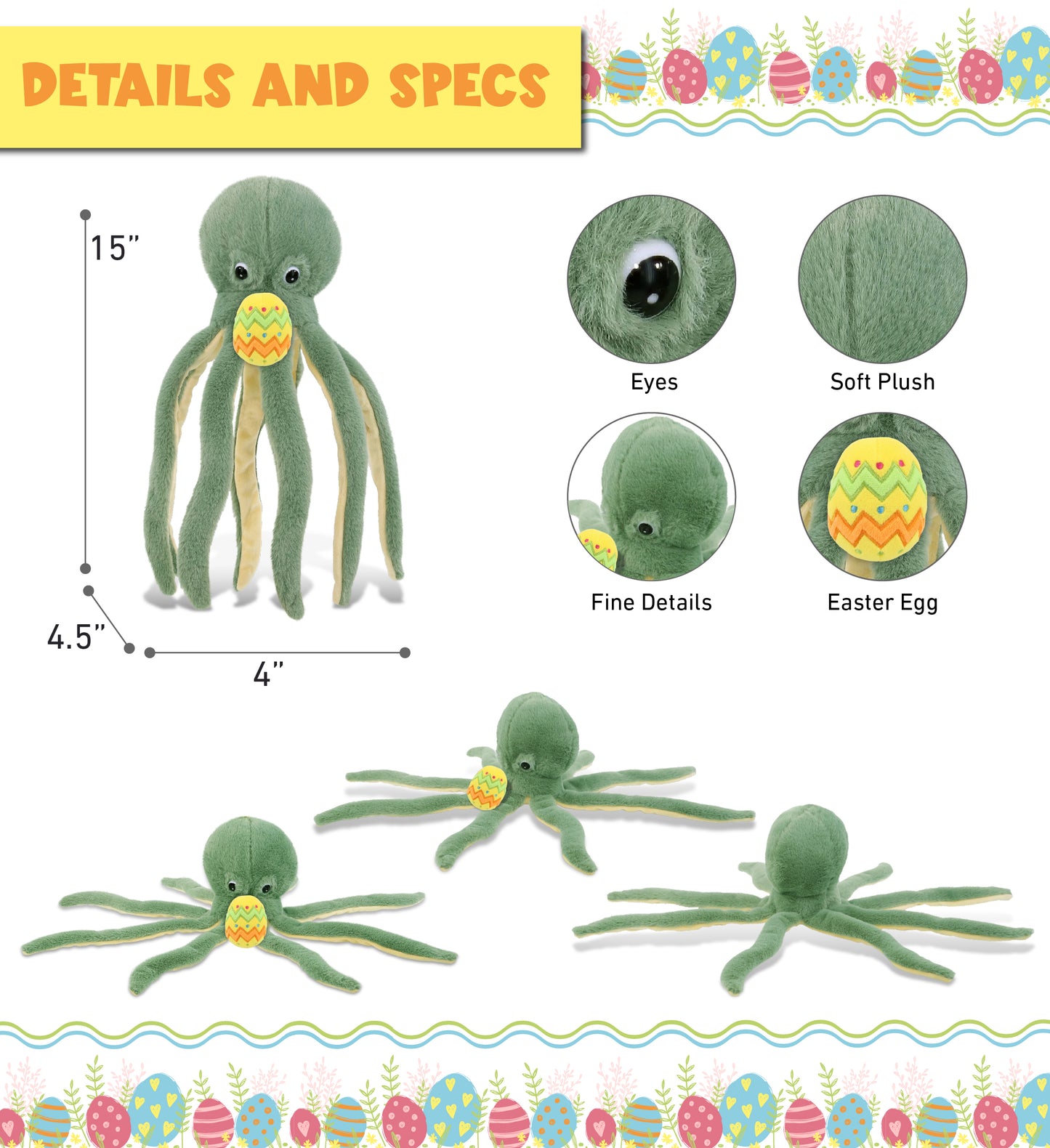 DolliBu Super Soft Cute Green Octopus with Yellow Easter Egg Plush - 15 Inches
