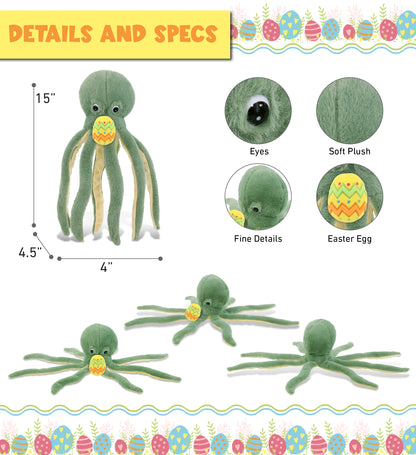 DolliBu Super Soft Cute Green Octopus with Yellow Easter Egg Plush - 15 Inches