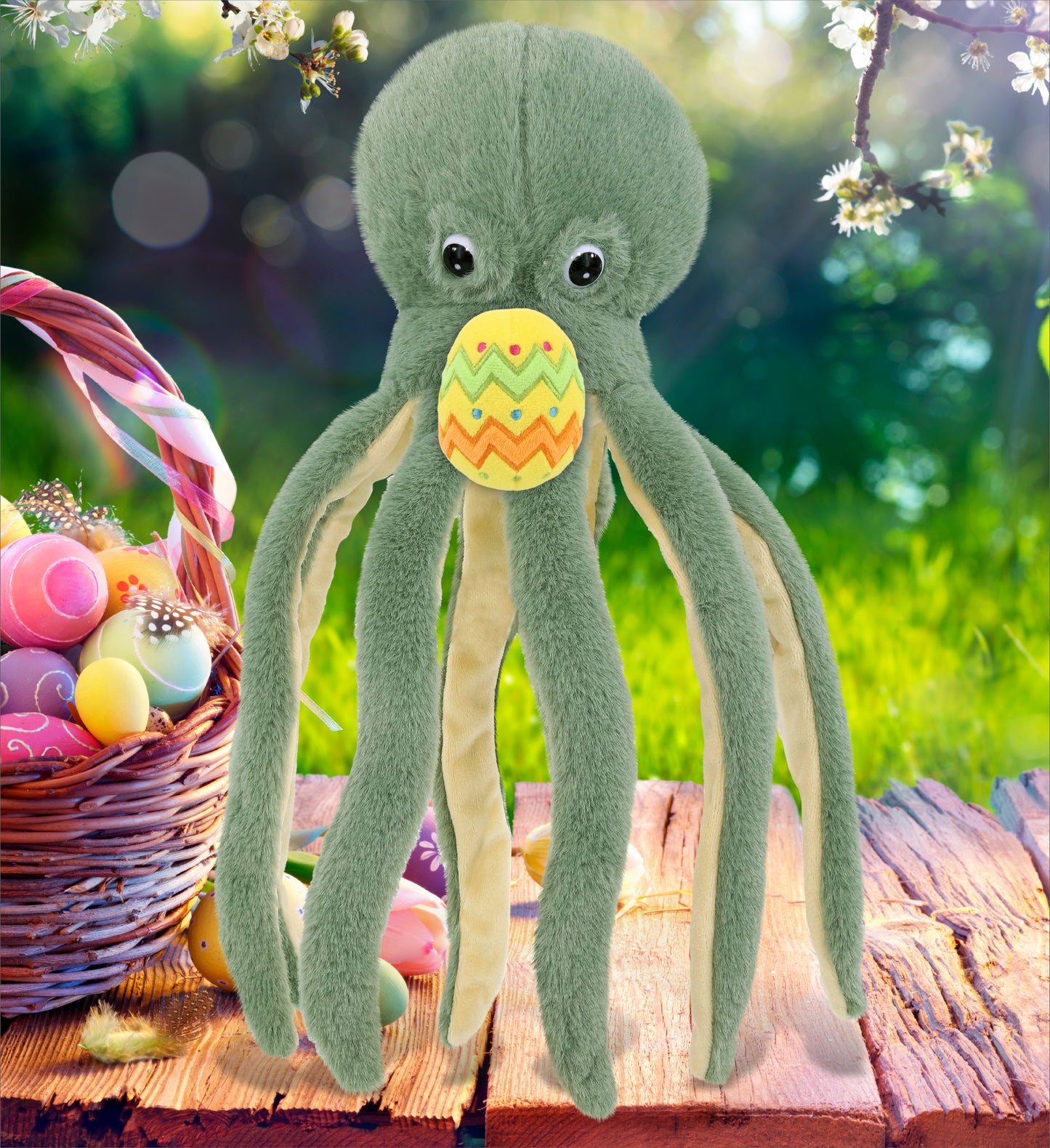 DolliBu Super Soft Cute Green Octopus with Yellow Easter Egg Plush - 15 Inches