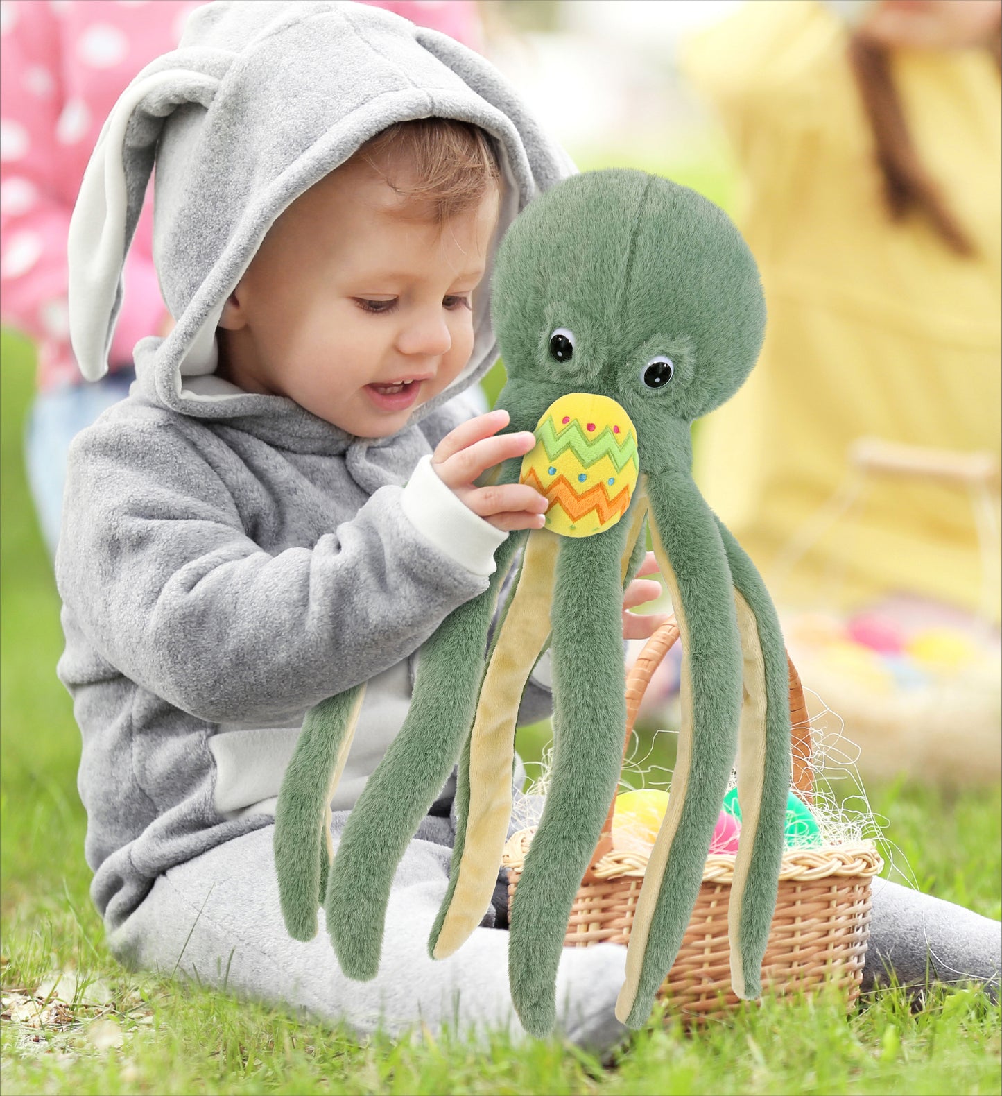 DolliBu Super Soft Cute Green Octopus with Yellow Easter Egg Plush - 15 Inches