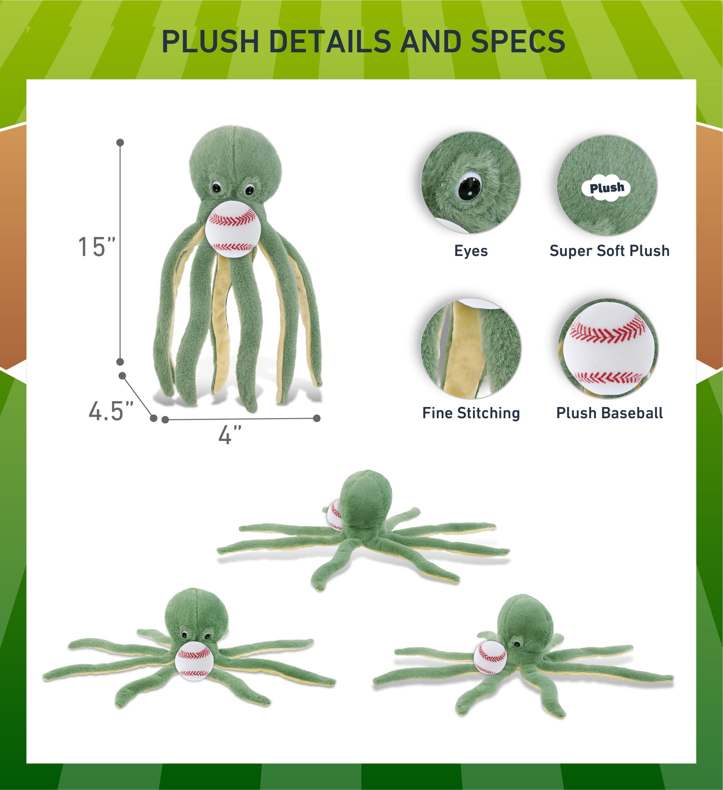 SUPER-SOFT PLUSH - GREEN OCTOPUS 15" WITH BASEBALL PLUSH