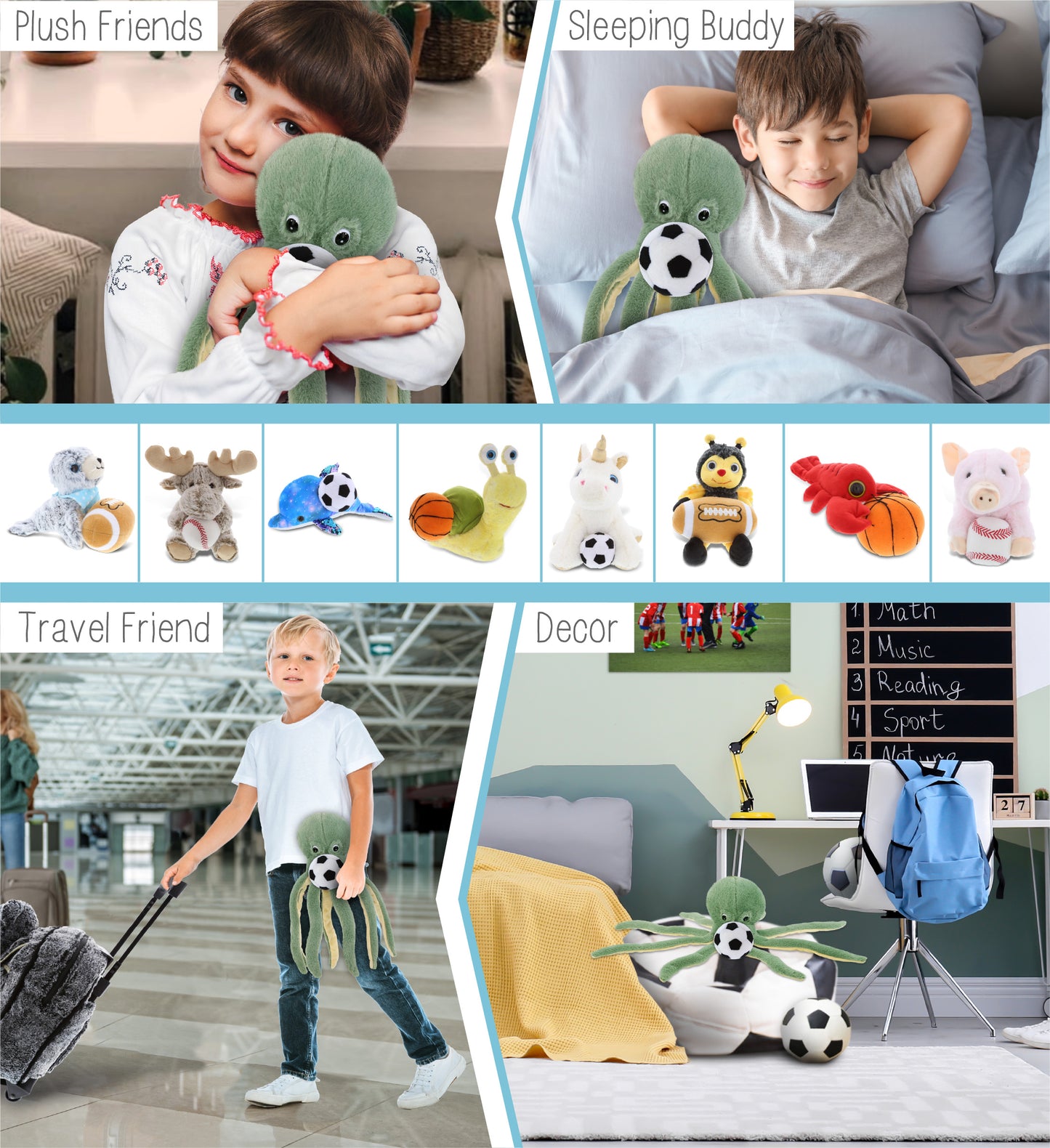 SUPER-SOFT PLUSH - GREEN OCTOPUS 15" WITH SOCCER PLUSH