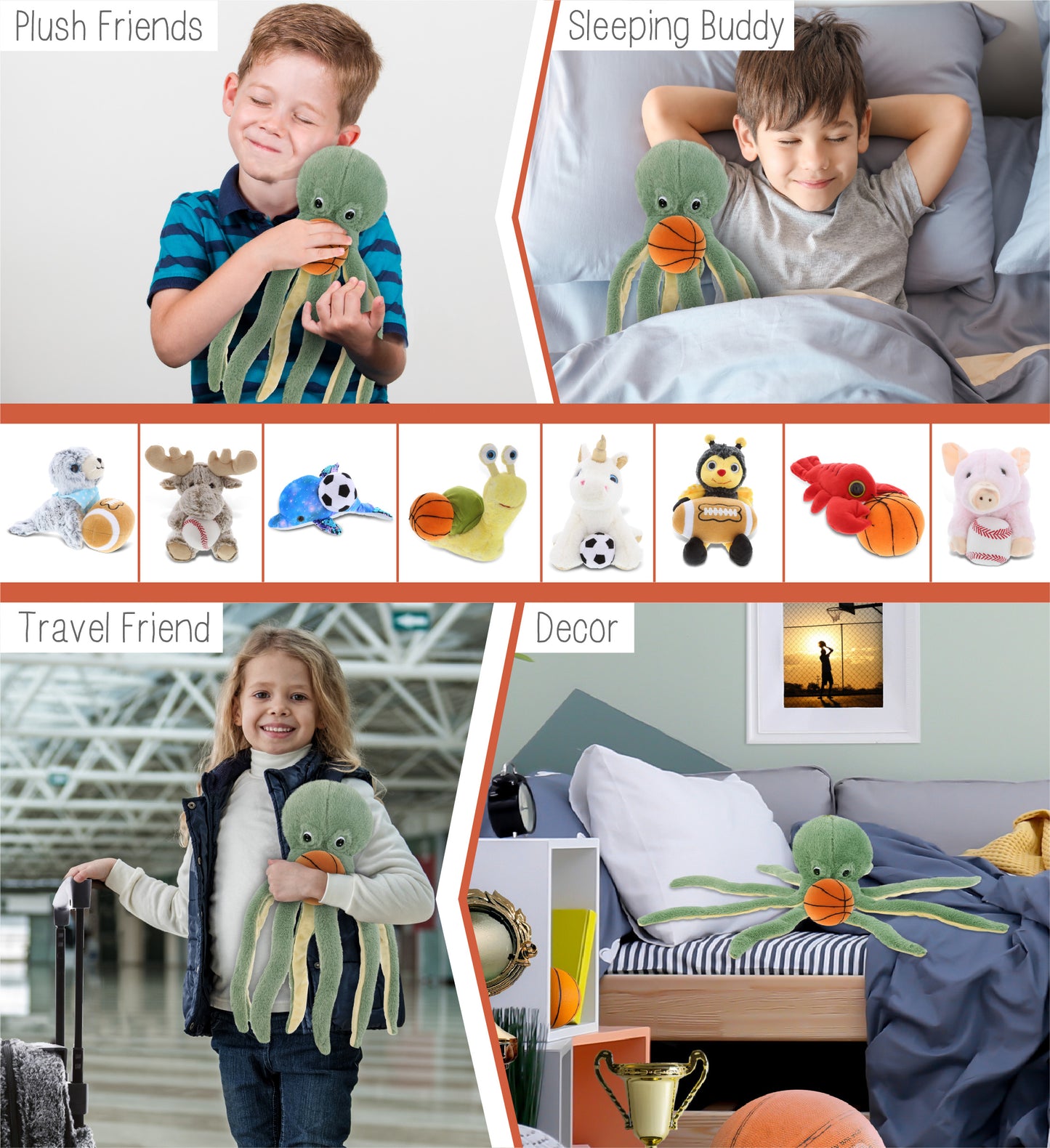 SUPER-SOFT PLUSH - GREEN OCTOPUS 15" WITH BASKETBALL PLUSH