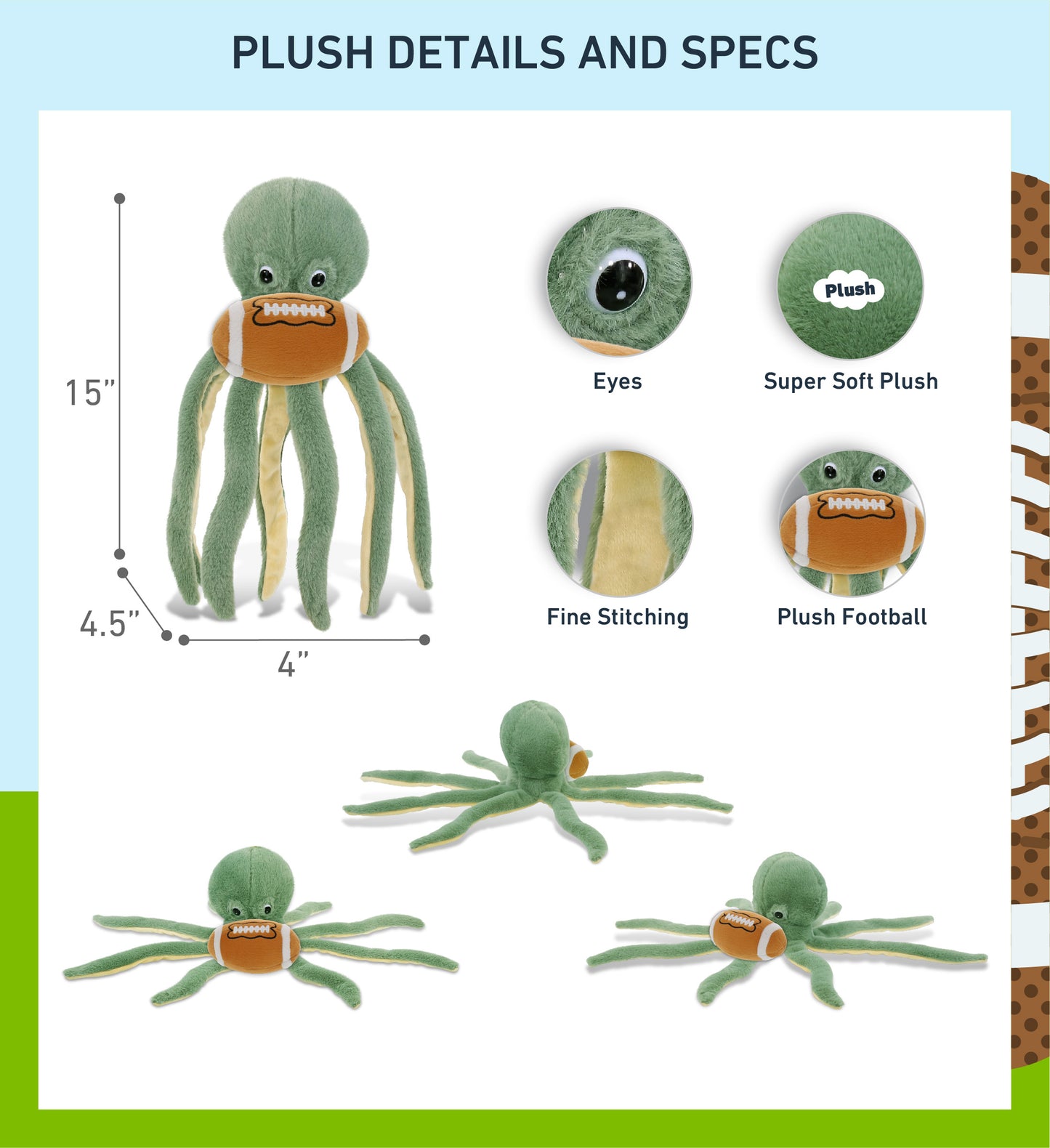 SUPER-SOFT PLUSH - GREEN OCTOPUS 15" WITH FOOTBALL PLUSH