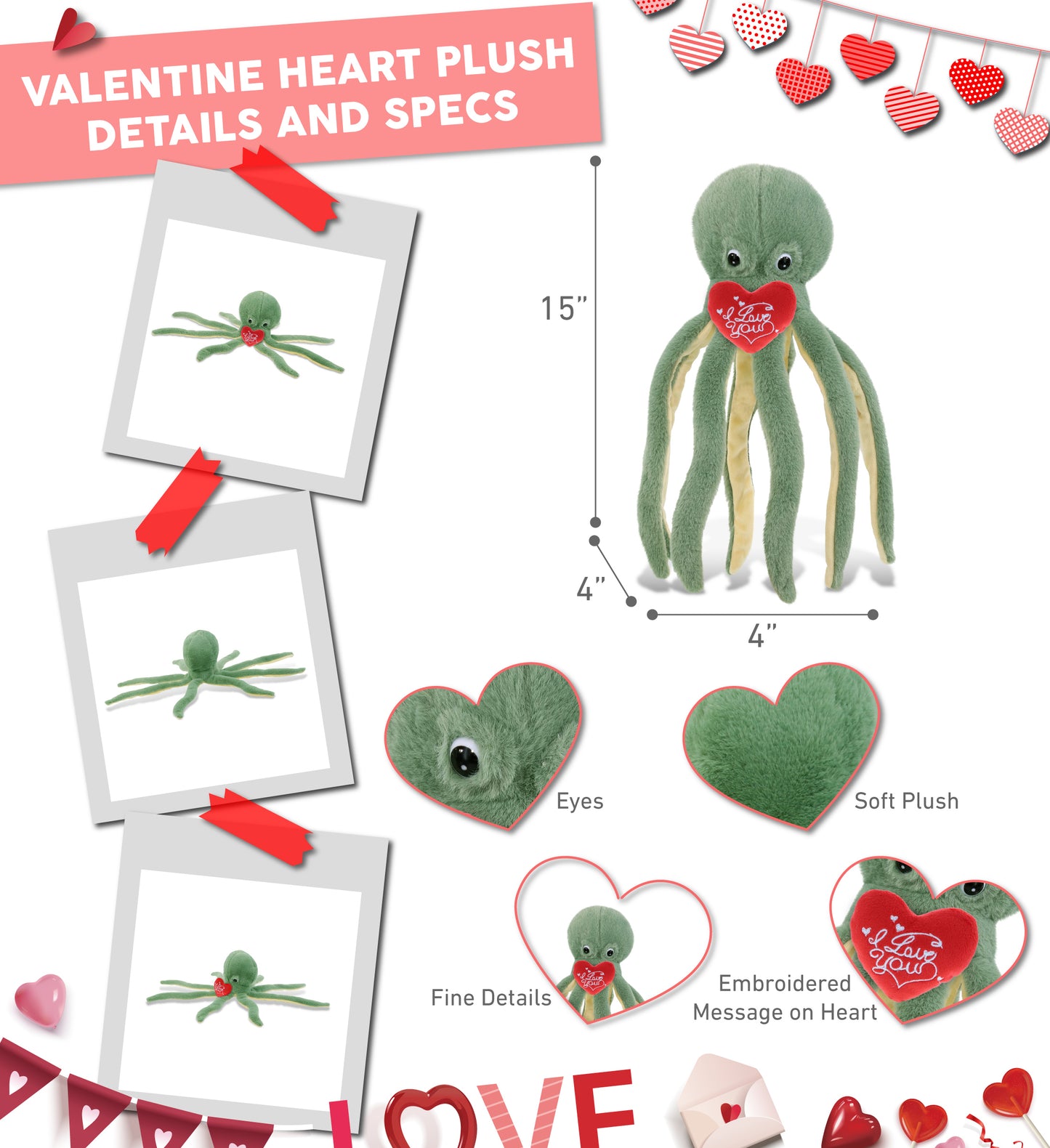PLUSH I LOVE YOU RED HEART - SUPER-SOFT PLUSH - GREEN OCTOPUS 15"