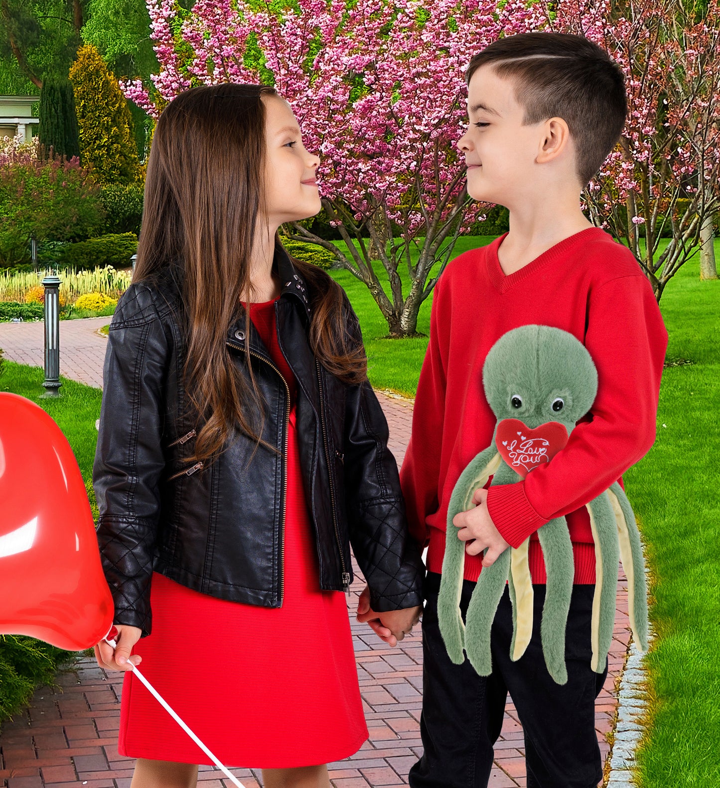 PLUSH I LOVE YOU RED HEART - SUPER-SOFT PLUSH - GREEN OCTOPUS 15"