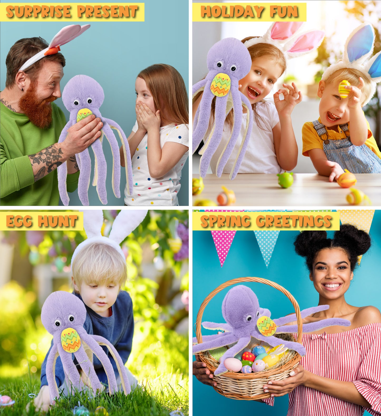 DolliBu Super Soft Purple Octopus with Yellow Easter Egg Plush - 15 Inches