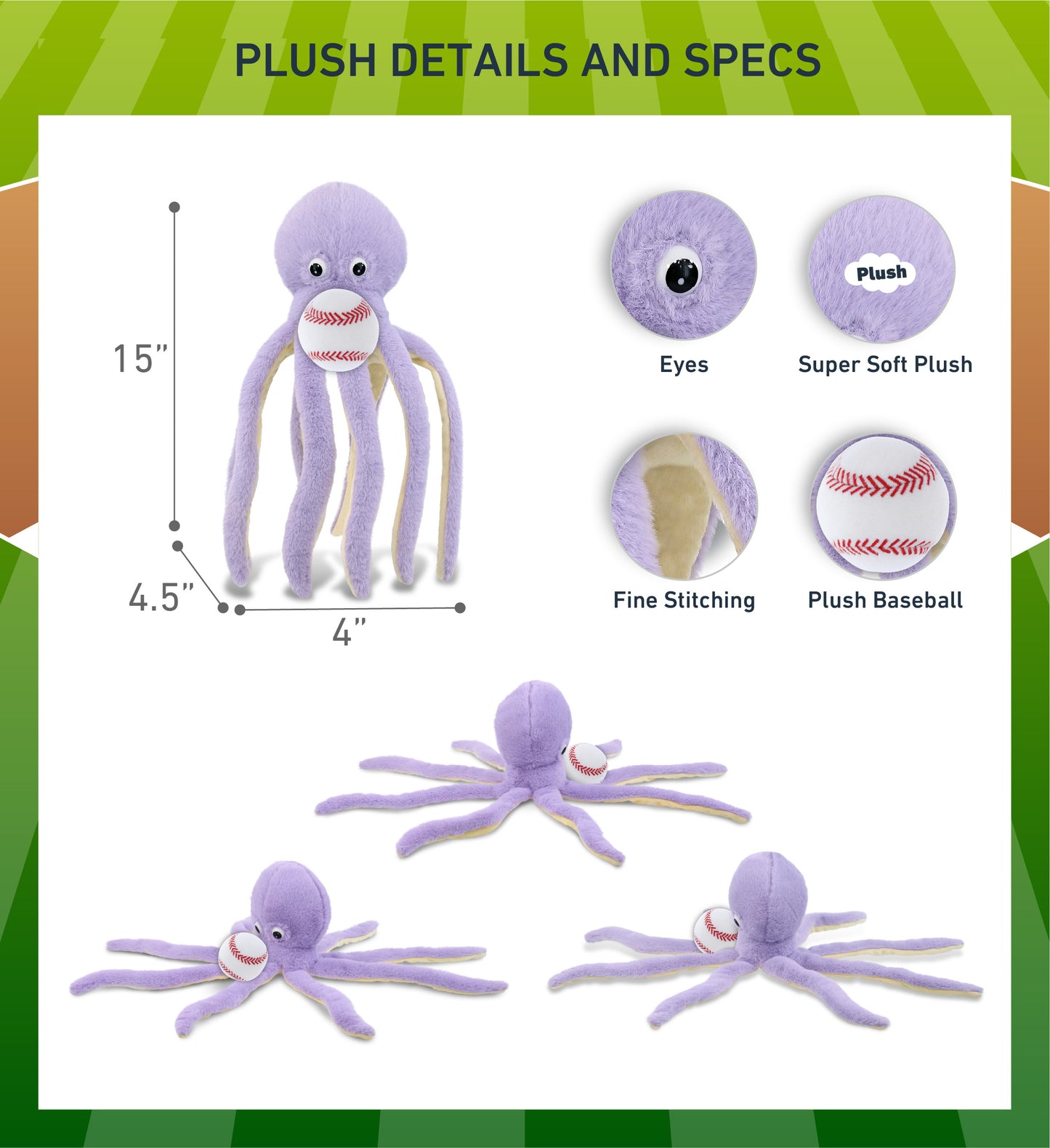 SUPER-SOFT PLUSH - PURPLE OCTOPUS 15" WITH BASEBALL PLUSH