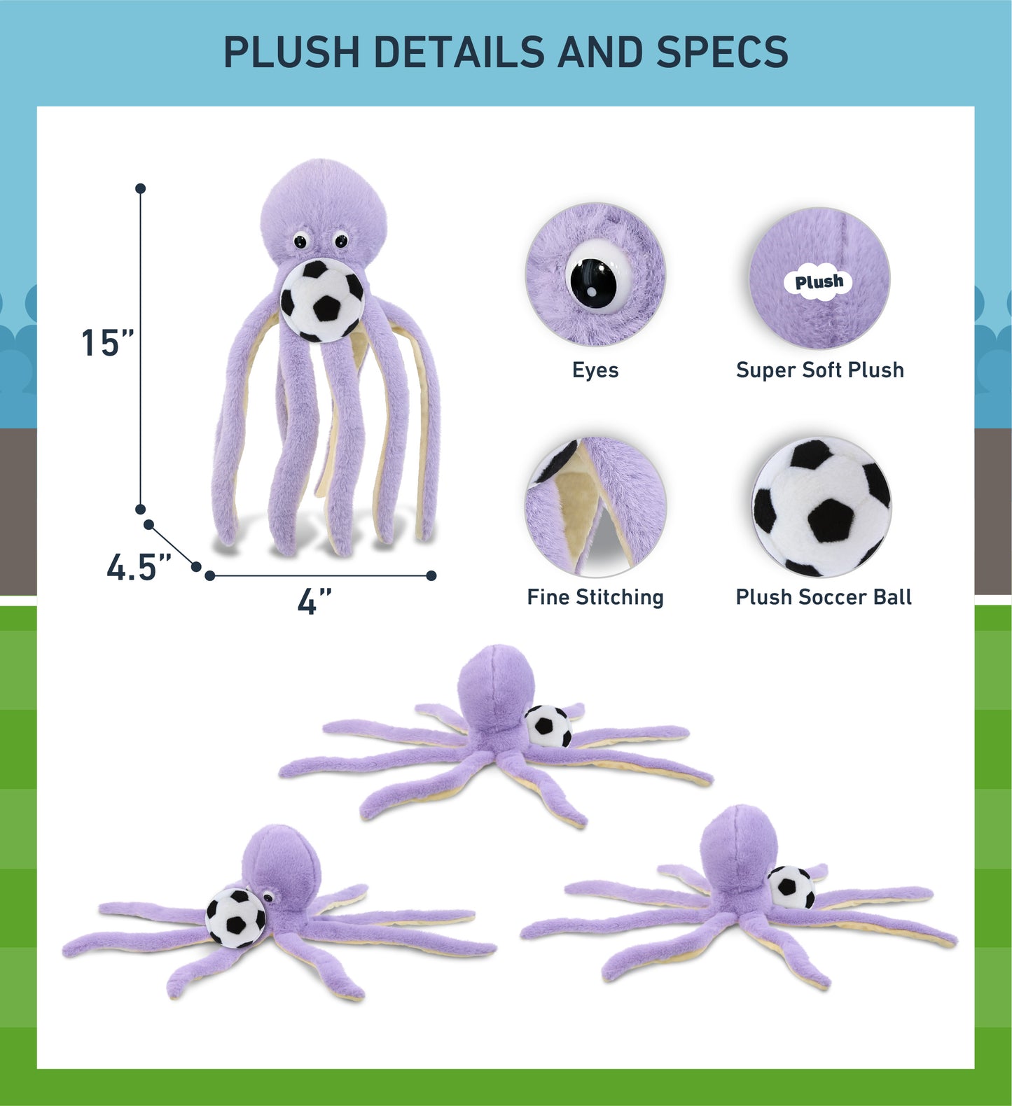 SUPER-SOFT PLUSH - PURPLE OCTOPUS 15" WITH SOCCER PLUSH