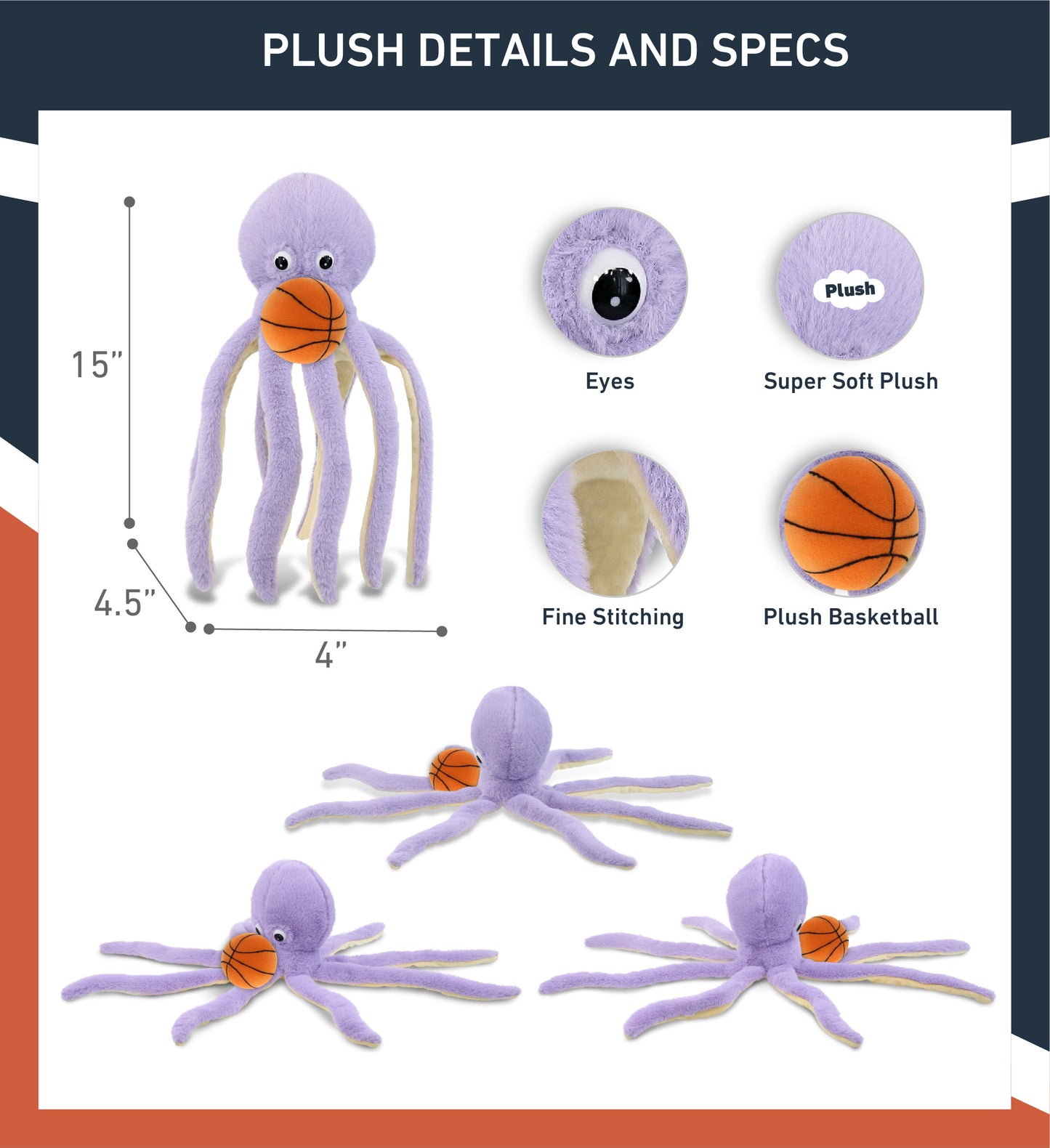 SUPER-SOFT PLUSH - PURPLE OCTOPUS 15" WITH BASKETBALL PLUSH
