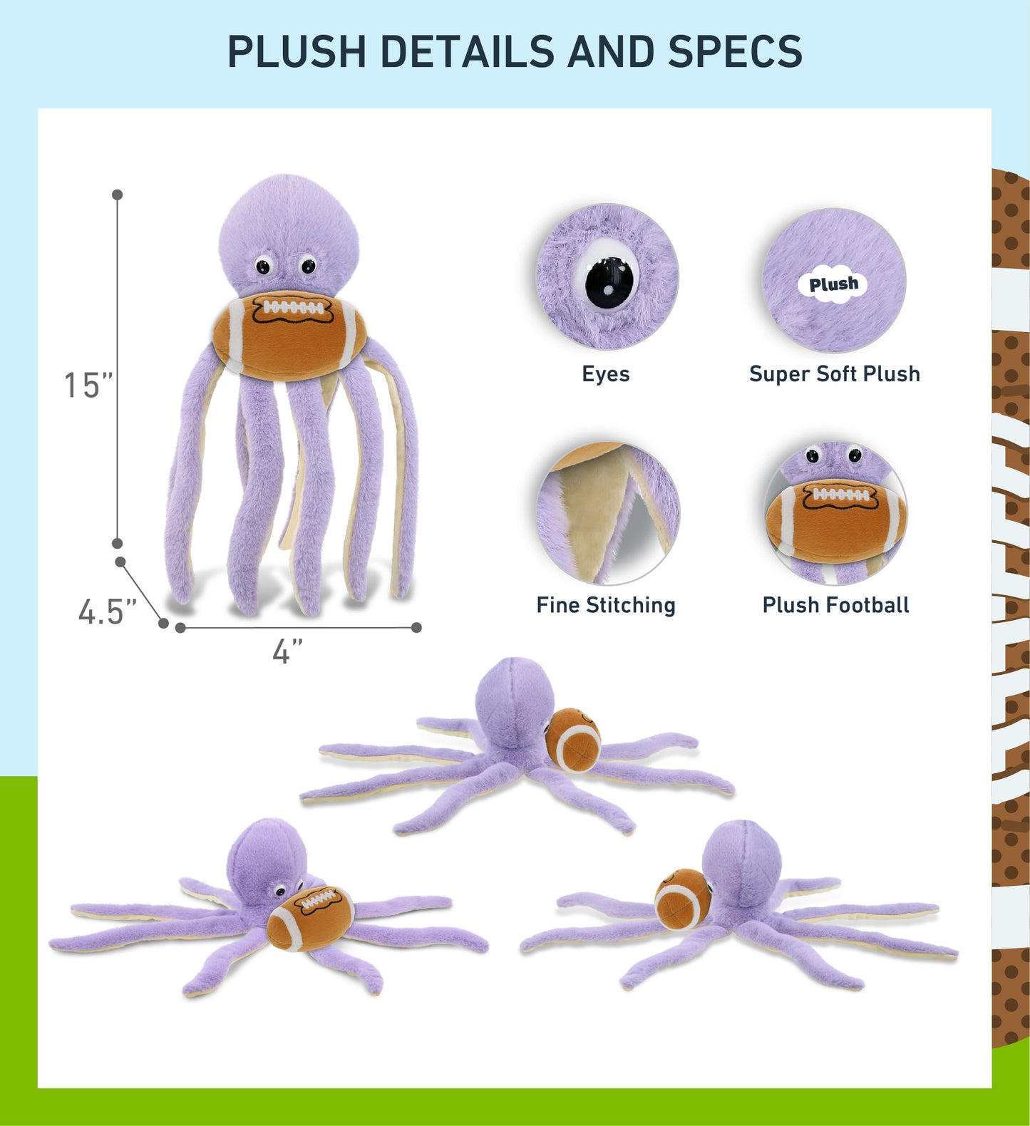 SUPER-SOFT PLUSH - PURPLE OCTOPUS 15" WITH FOOTBALL PLUSH