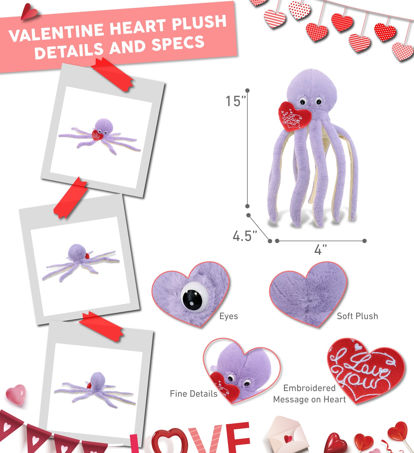 PLUSH I LOVE YOU RED HEART - SUPER-SOFT PLUSH - PURPLE OCTOPUS 15"