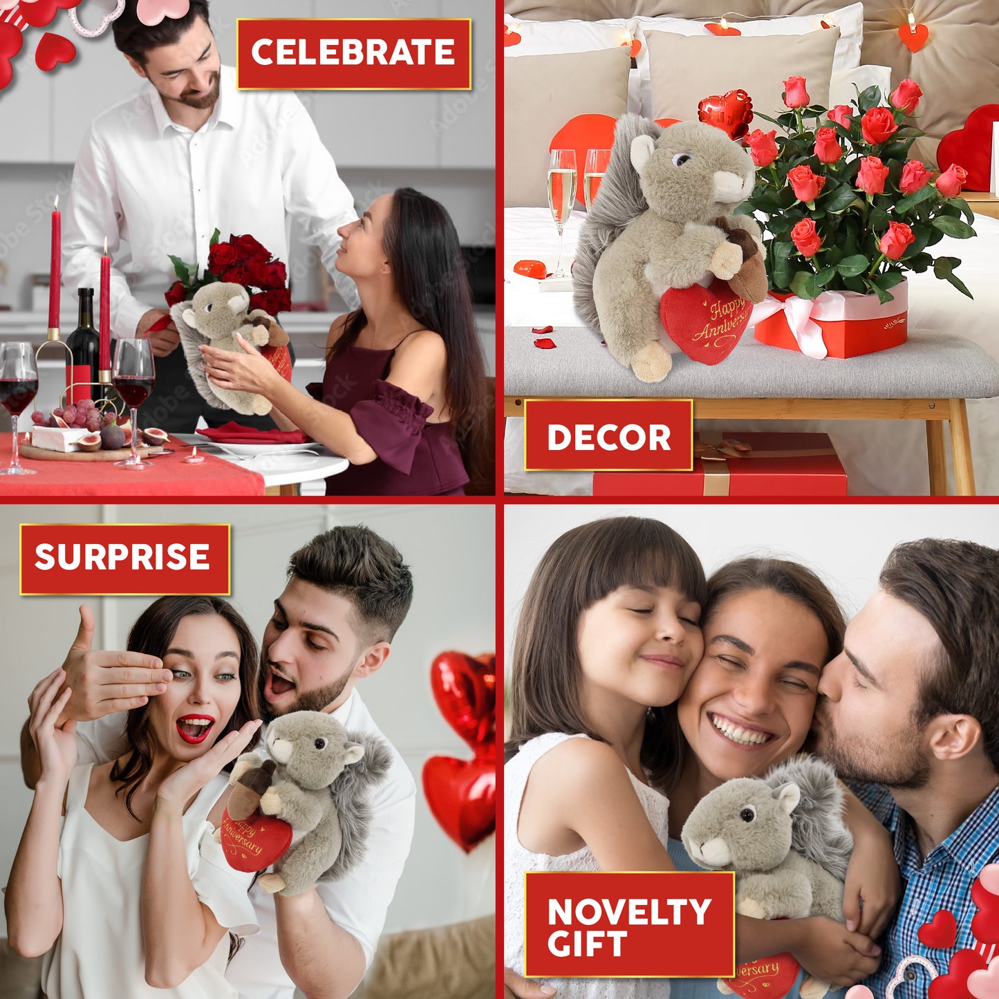 SUPER-SOFT PLUSH - GREY SQUIRREL 8" WITH HAPPY ANNIVERSARY HEART