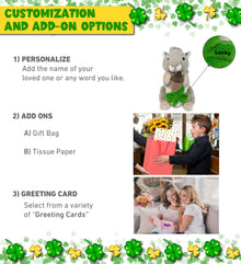 DolliBu Soft Grey Squirrel Stuffed Animal with Green Plush Shamrock - 8 Inches