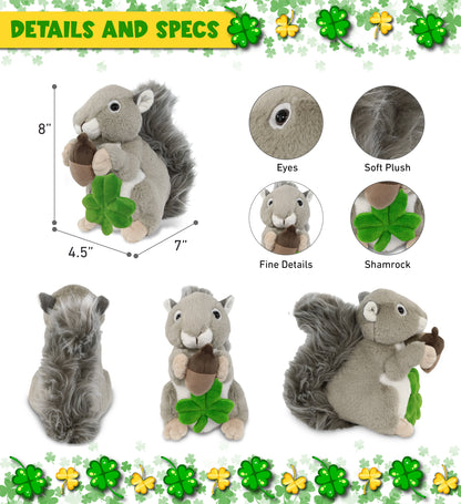 DolliBu Soft Grey Squirrel Stuffed Animal with Green Plush Shamrock - 8 Inches