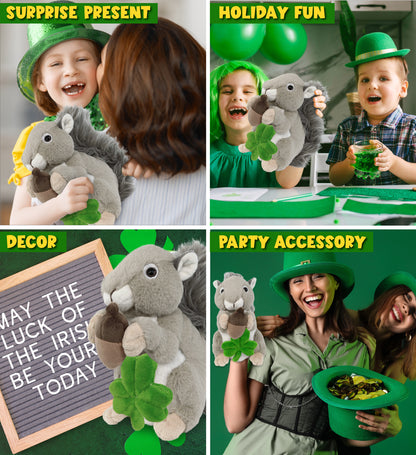 DolliBu Soft Grey Squirrel Stuffed Animal with Green Plush Shamrock - 8 Inches