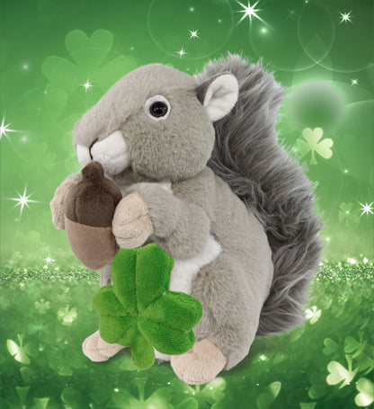 DolliBu Soft Grey Squirrel Stuffed Animal with Green Plush Shamrock - 8 Inches