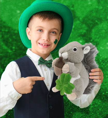DolliBu Soft Grey Squirrel Stuffed Animal with Green Plush Shamrock - 8 Inches
