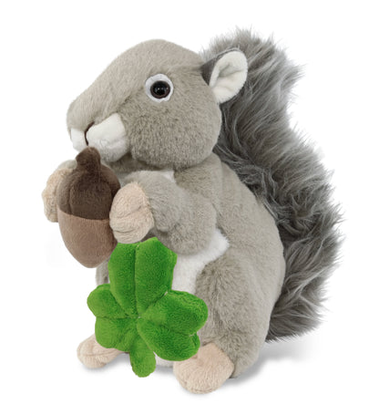 DolliBu Soft Grey Squirrel Stuffed Animal with Green Plush Shamrock - 8 Inches