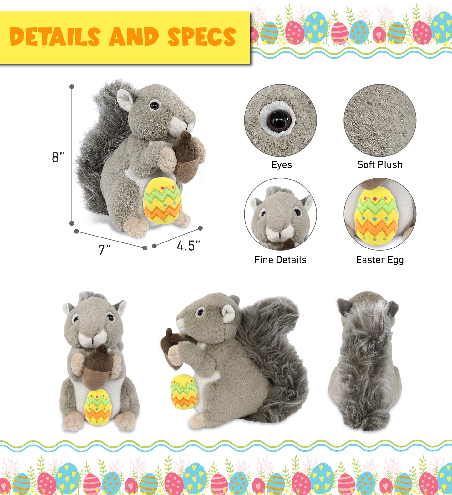 DolliBu Super Soft Cute Grey Squirrel with Yellow Easter Egg Plush - 8 Inches