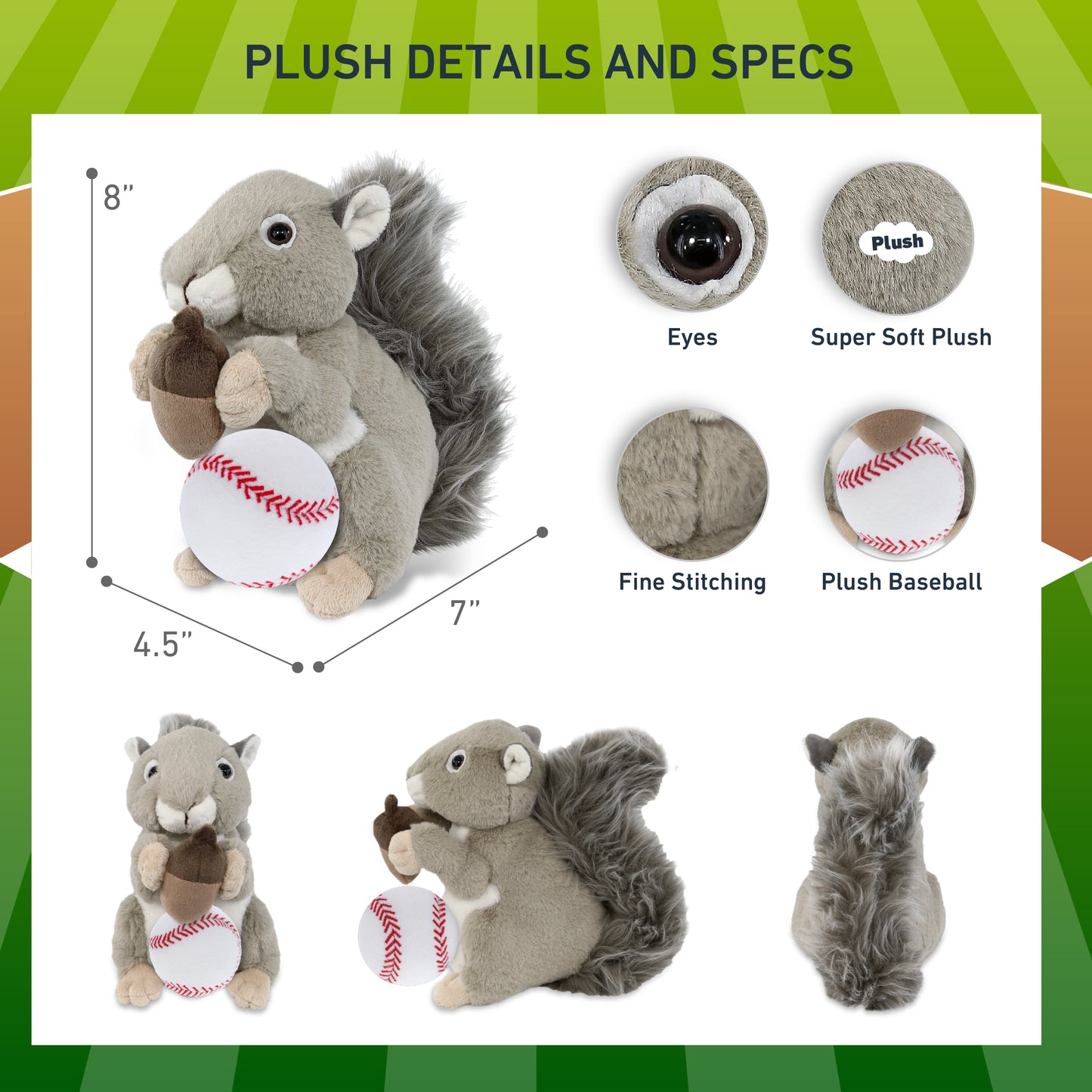 SUPER-SOFT PLUSH - GREY SQUIRREL 8" WITH BASEBALL PLUSH