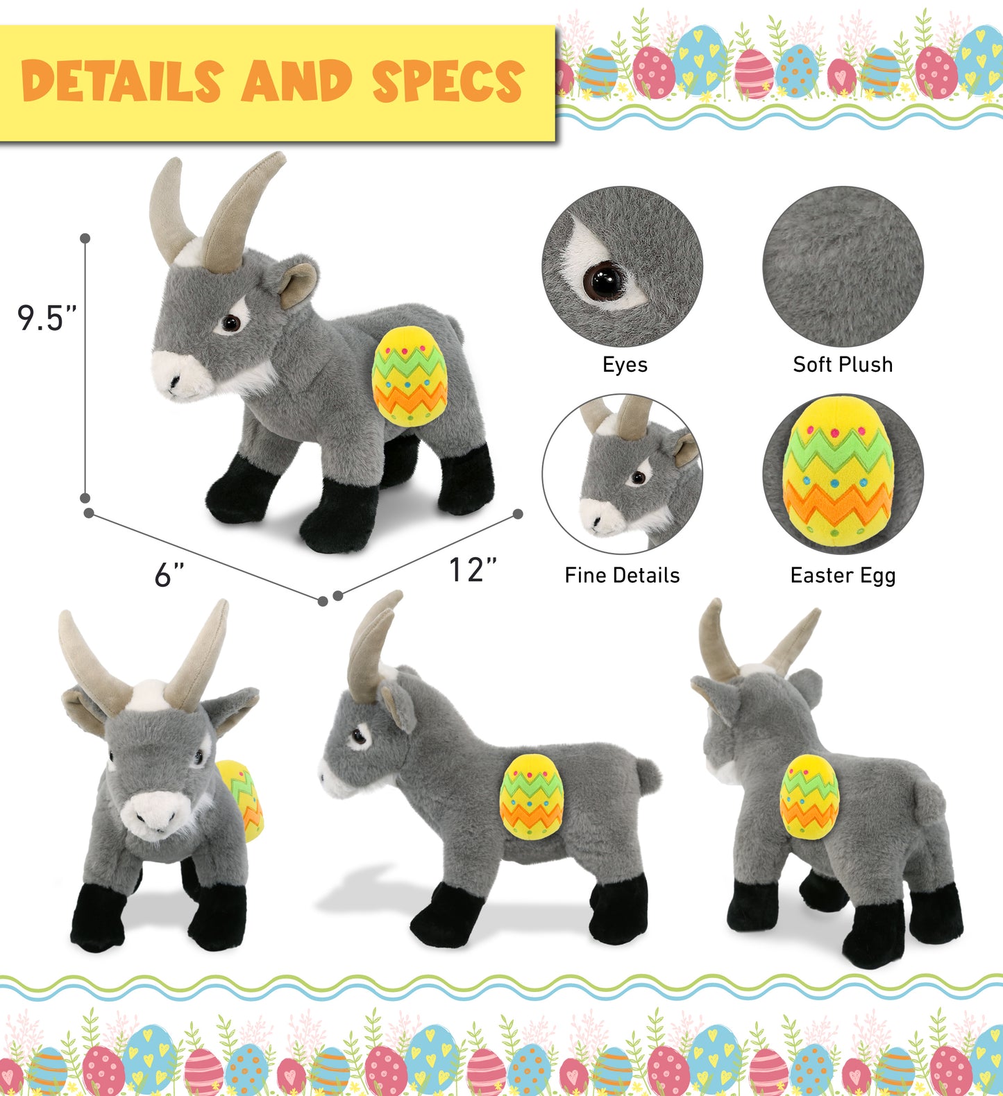 DolliBu Super Soft Cute Grey Goat with Yellow Easter Egg Plush - 12 Inches