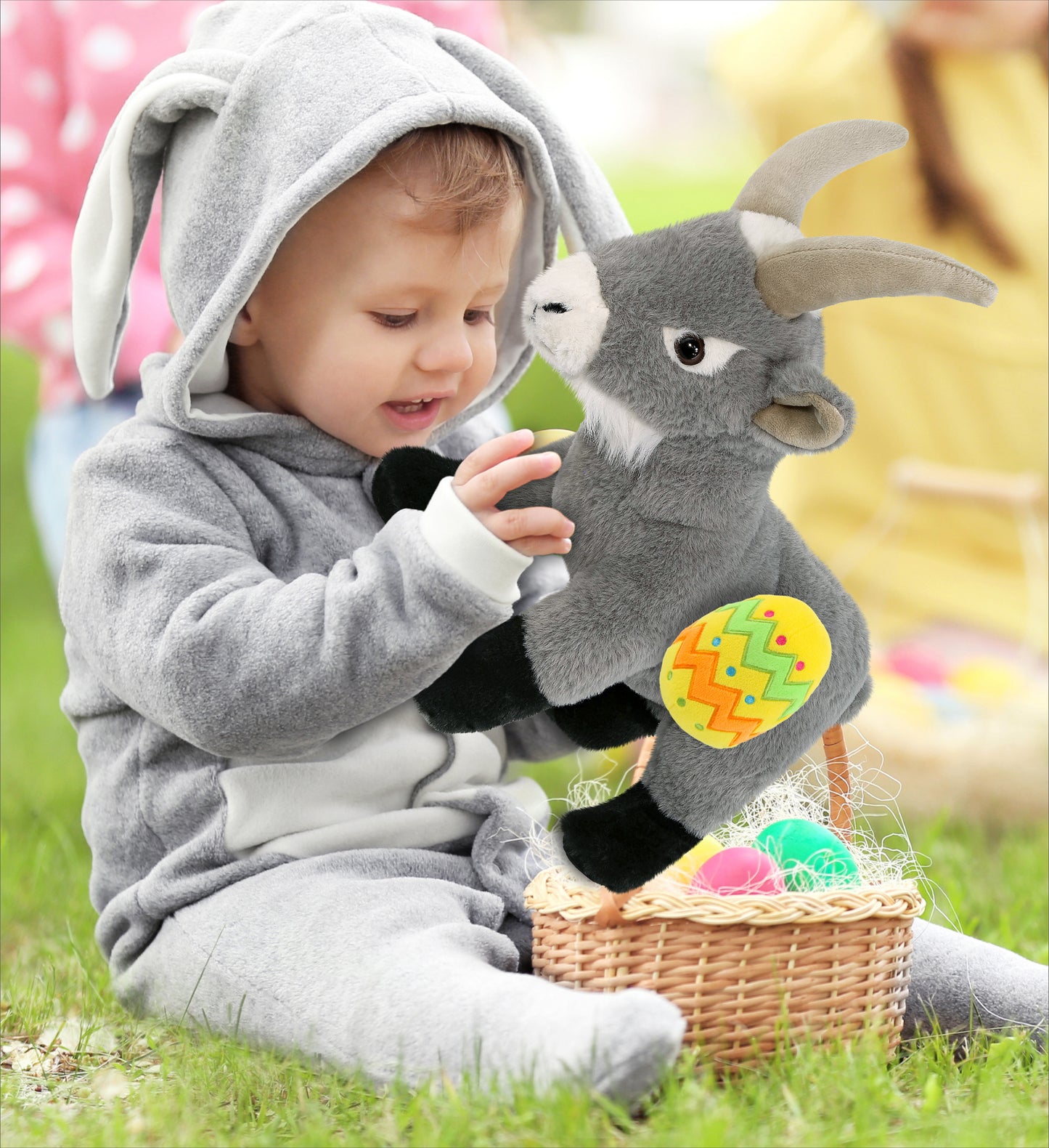 DolliBu Super Soft Cute Grey Goat with Yellow Easter Egg Plush - 12 Inches
