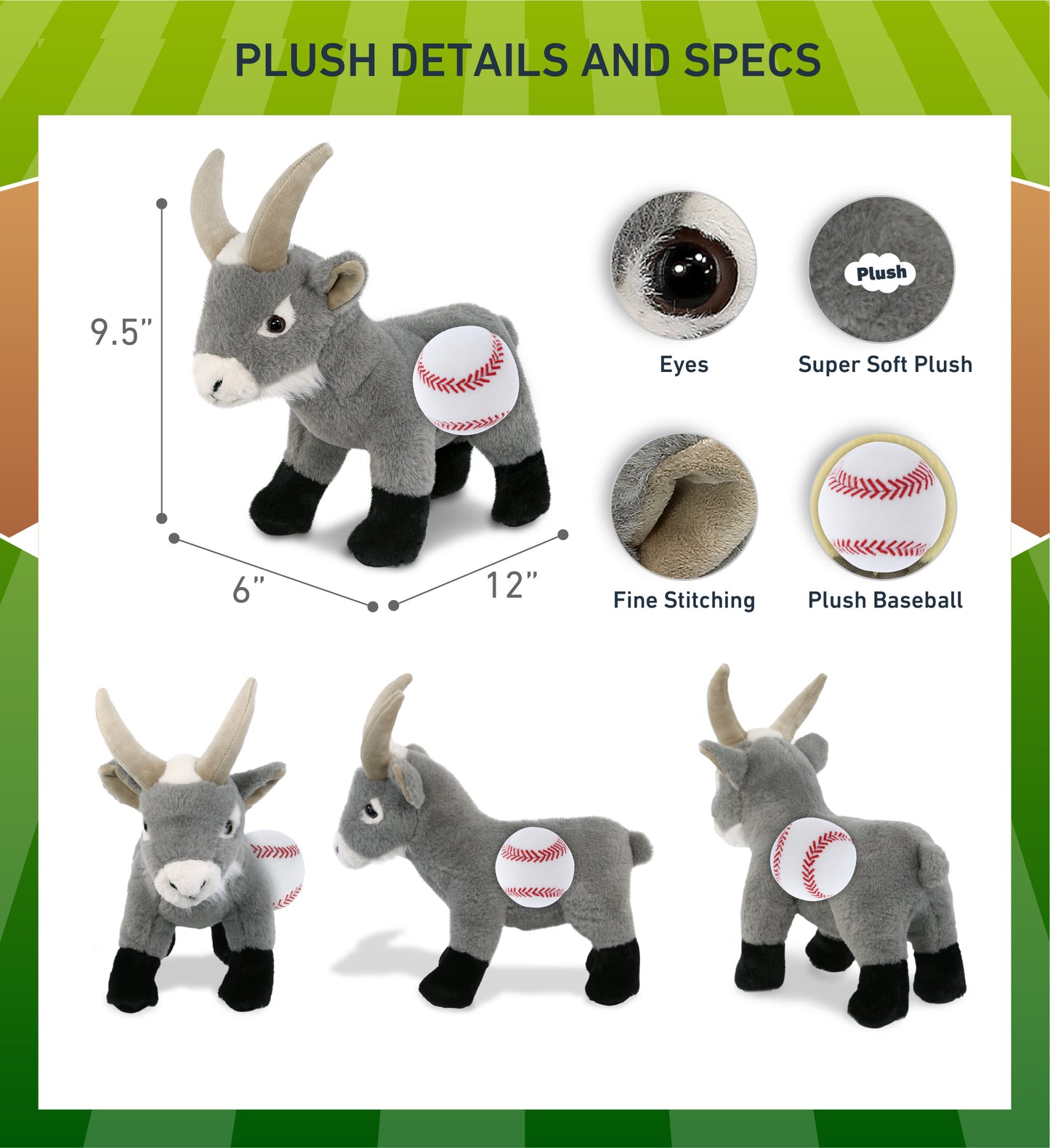 SUPER-SOFT PLUSH - GREY GOAT 12" WITH BASEBALL PLUSH
